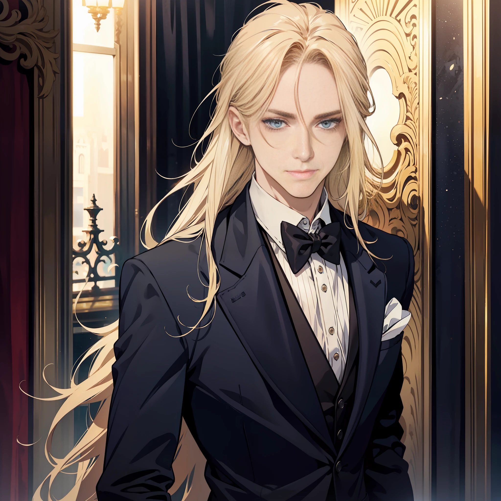 1 male, three-piece suit, jacket, upper body, looking at camera, blonde long hair, blue eyes, butler, high quality, high quality, elderly male, detailed background