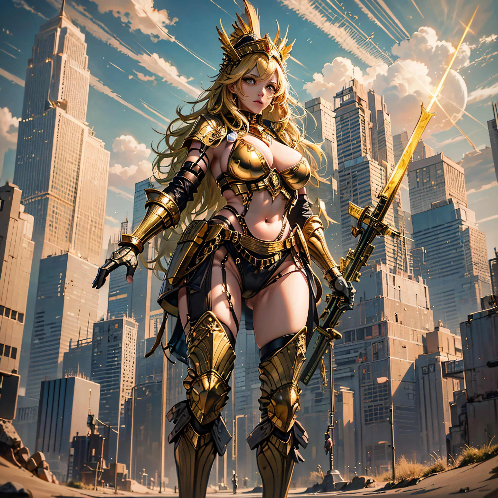 38-year-old girl, busty body, gold metal headdress, metal armor, gold metal bra, large bust, gold metal gauntlet, holding gold metal ring, gold metal briefs, gold metal shoes, seaside, standing, beach, huge UFO floating in the air, cyberpunk --auto --s2