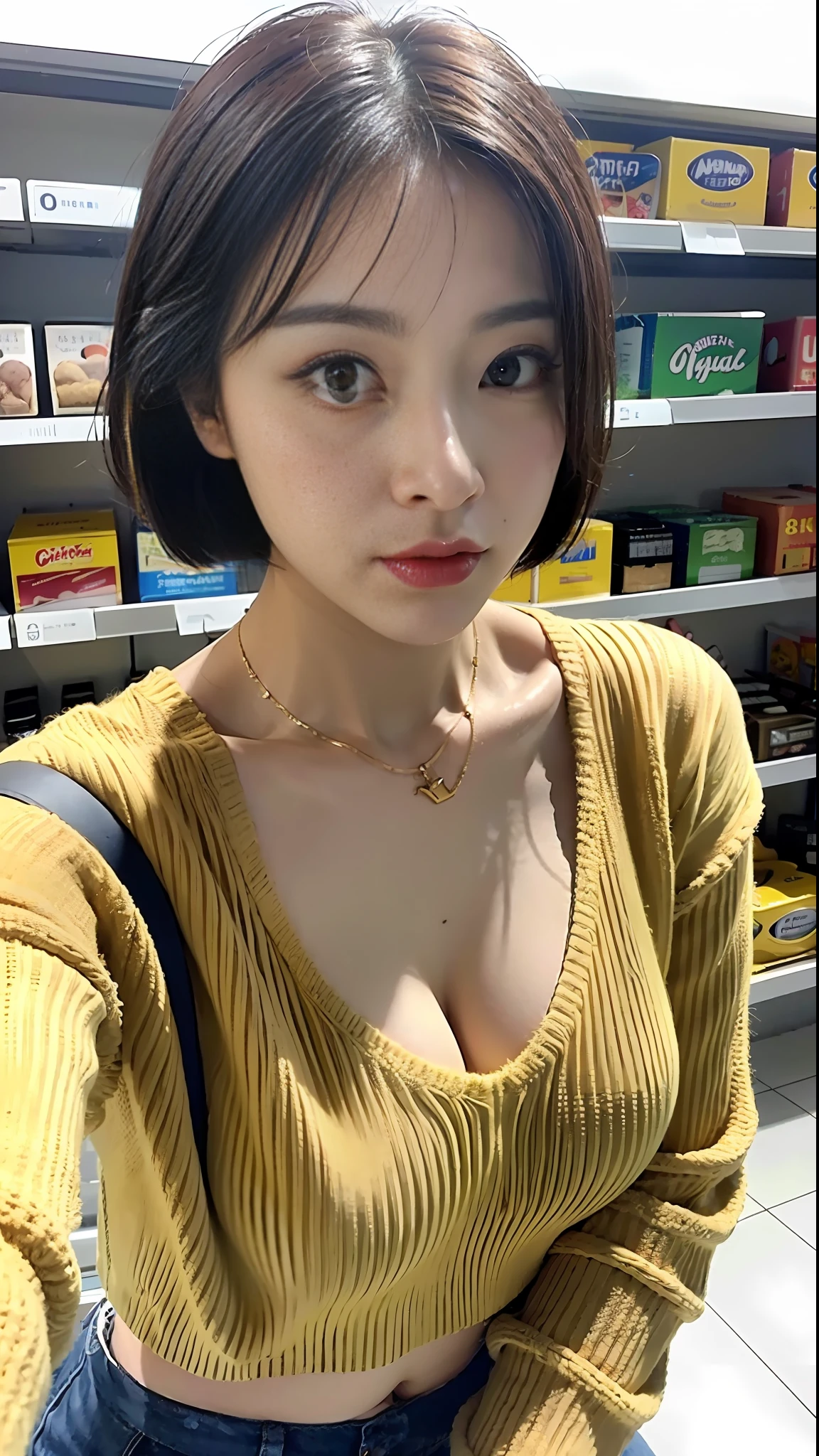(Best Quality, 8k, 32k, Masterpiece, UHD: 1.2), Photo Beautiful Chinese Woman, Slightly Fat, Medium Tits, In a Supermarket, Very Short Bob Hair, Upper Body, Facial Focus, oversized_sweater, Necklace, Simple Background, From Above, Looking at the Viewer,