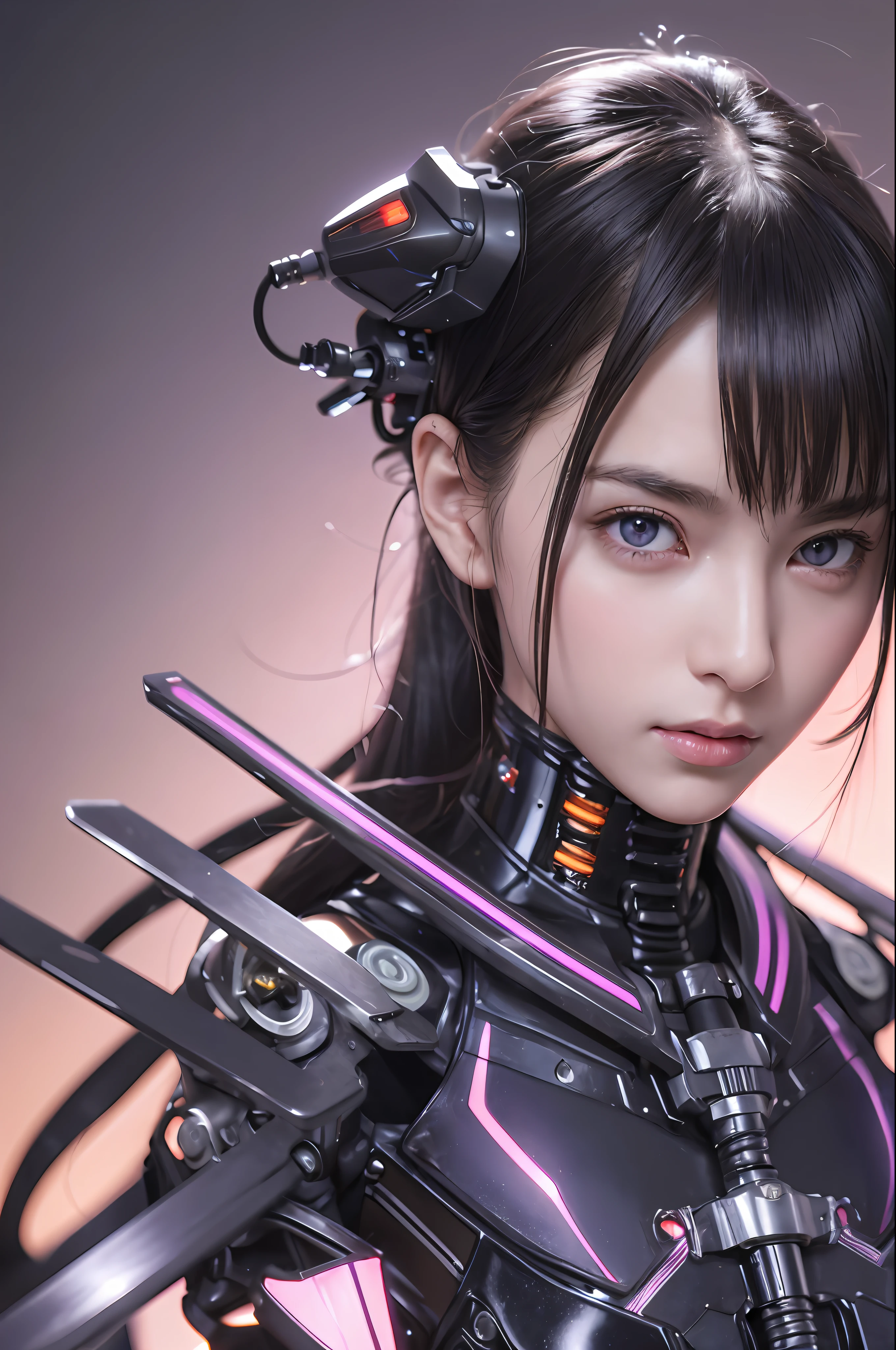 Top Quality, Masterpiece, Ultra High Resolution, (Photorealistic: 1.4), Raw Photo, 1 Girl, Black Hair, Glossy Skin, 1 Mechanical Girl, (Ultra Realistic Details)), Portrait, Global Illumination, Shadows, Octane Rendering, 8K, Ultra Sharp, Big, Cleavage Exposed Raw Skin, Metal, Complex Ornaments Details, Cold Color, Egyptian details, very intricate details, realistic light, CGSoation trend, purple eyes, glowing eyes, facing the camera, neon details, mechanical limbs, blood vessels connected to tubes, mechanical vertebrae attached to the back, mechanical cervical attachment to the neck, sitting, wires and cables connecting to the head, evangelion, small LED lamp,