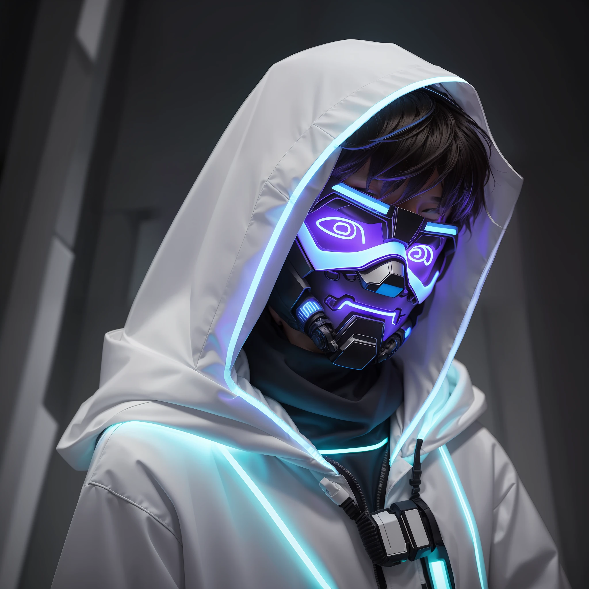 (awesome scene) hooded kid wearing cybernetic led mask with medium hair with white sash in his hair looking up and the camera positioned below the shoulder line and the boy with his gloved hand on his chin