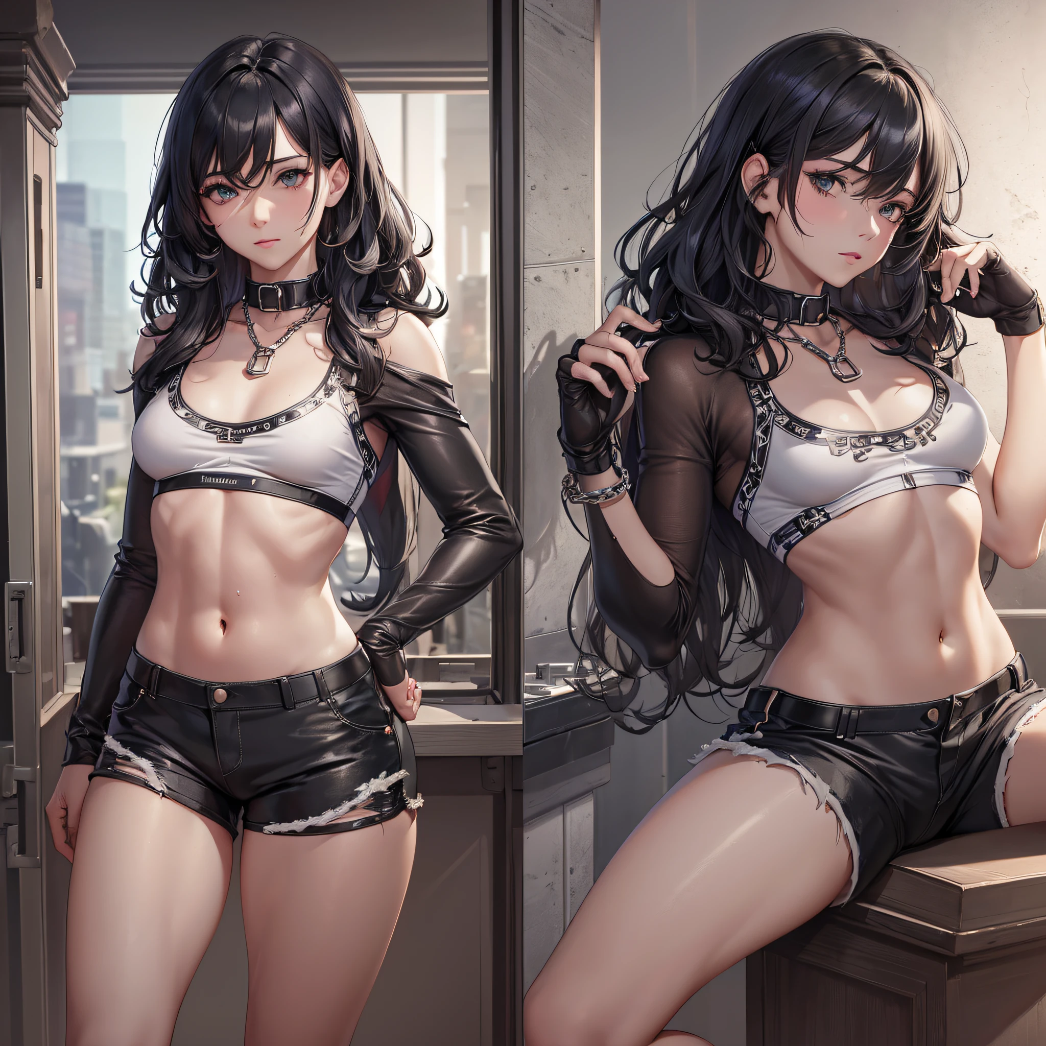 ((medium chest, small head)), (cropped abdomen: 1.1), (perfect body: 1.1), (short wavy hair: 1.2), black hair, collar, chain, full body, workout, sweat, femboy, futa ((shorts)), (extremely detailed CG 8k wallpaper), (extremely delicate and beautiful), (masterpiece), (best quality: 1.0), (ultra high resolution: 1.0), beautiful lighting, perfect lighting, realistic shadows, [high resolution], detailed skin, super detailed (((color))) --auto --s2