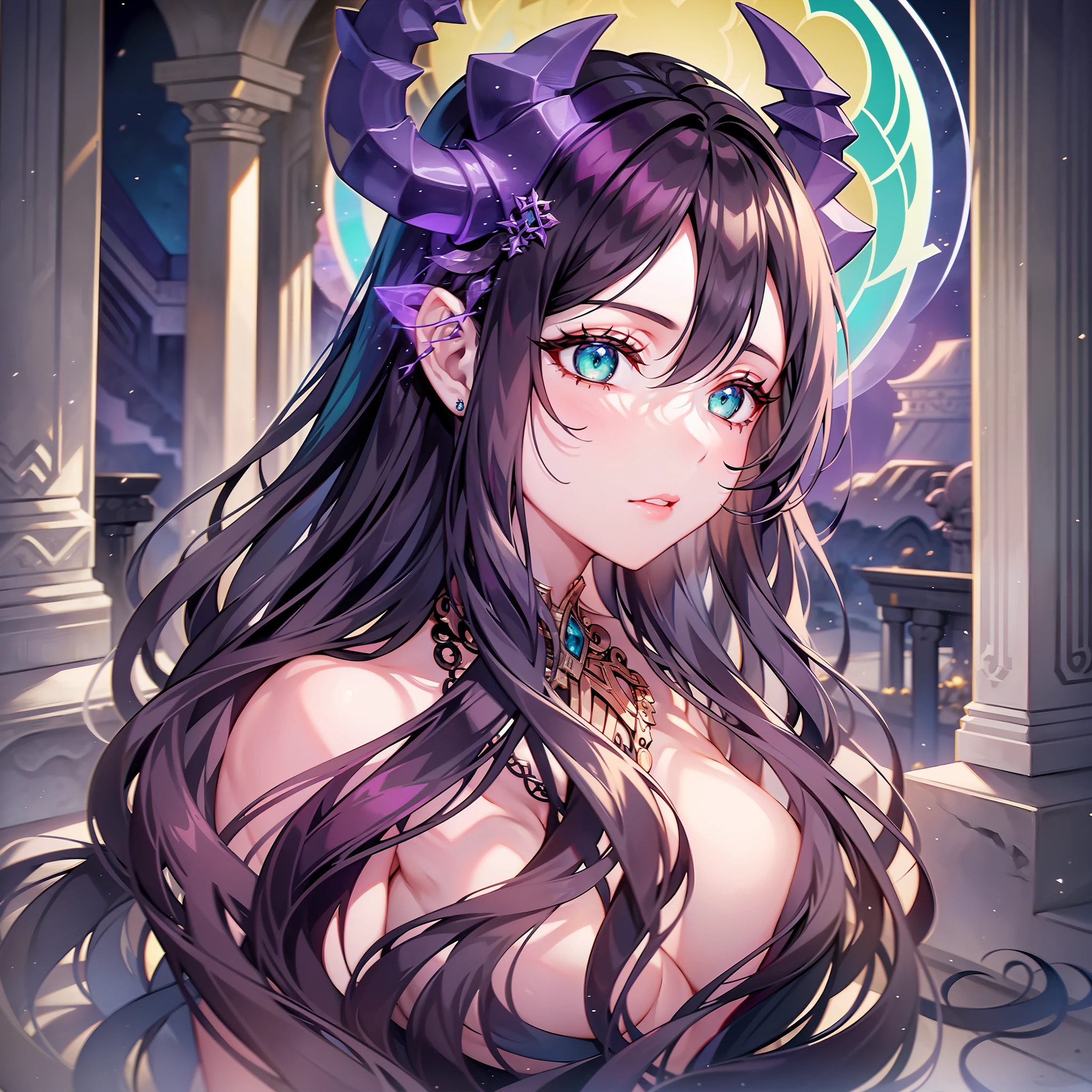 A in a black open dress with silver jewelry resembling runes or alchemical symbols. (((naked))), horns on the head. Snakes on their shoulders. Crescents surround the head with a halo. Her dark hair barely reached her shoulders. She was surrounded by a green glow, and her face was like that of a Greek statue, pale, beautiful, and eternally young. She also has green eyes. Full-length image. against the background of the night sky and the columns of the temple, between which the moon is visible.