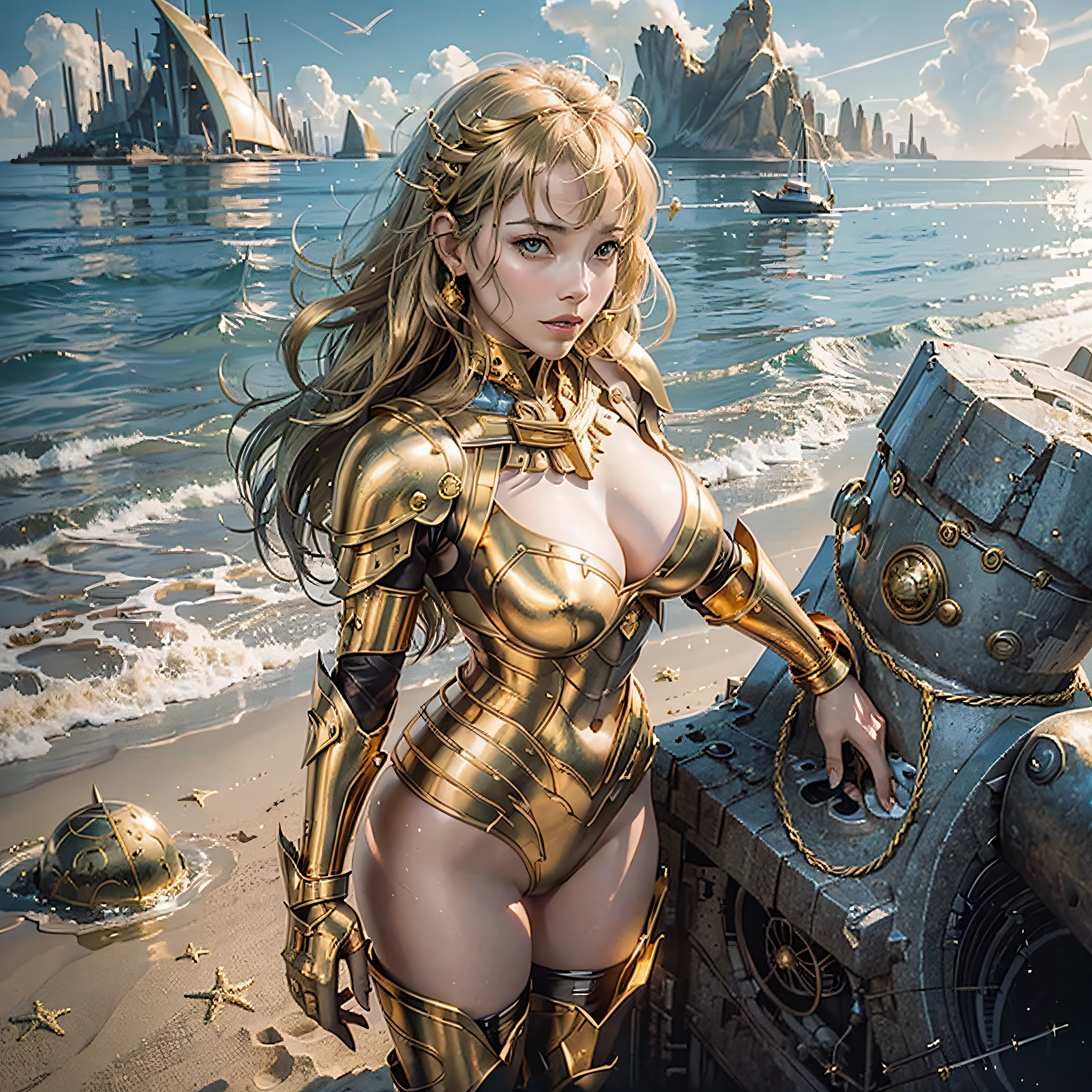 Best quality, delicate face, 38-year-old girl, busty body, armor made of metal, large bust, gold metal gauntlet, gold metal briefs, gold metal boots, seaside, standing, beach, huge UFO floating in the air, cyberpunk, sci-fi --auto --s2