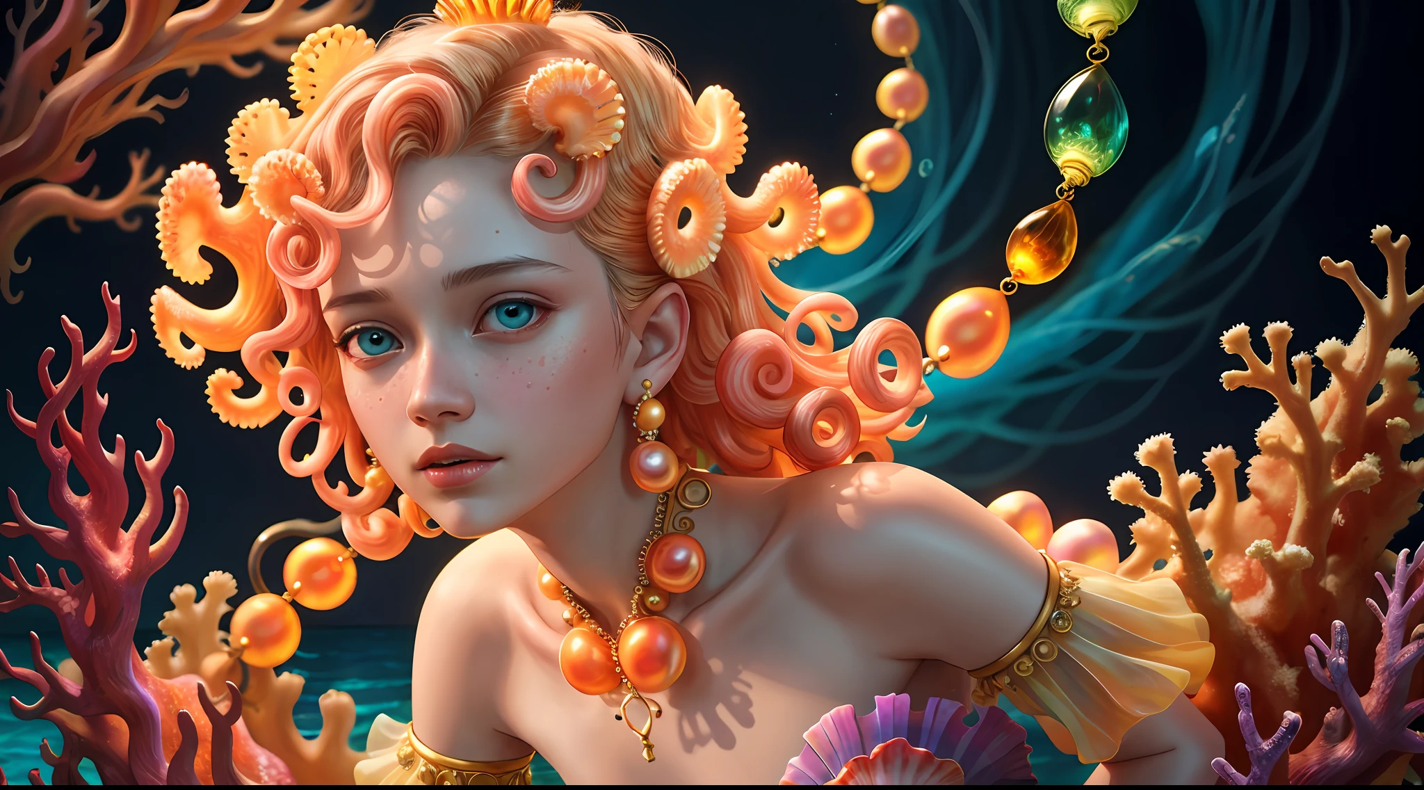 Colorful, master composition, focus on key figures, realism, masterpiece, award-winning, best quality, masterpiece, ultra-detailed, 8K, extremely detailed CG Unity 8k wallpaper, complex, highly detailed, realistic, "under water, intricate details, macro shot glowing jellyfish girl, coral, light bulb, brightness, (neutral color: 1.2), ultra-detailed, cinematic, complex background, huge ocean twisted Mandelbrot fractal shell, golden pearl nacre, hyper detail, ArtStation, Octane Renderer, (Color Acne: 1.3)",