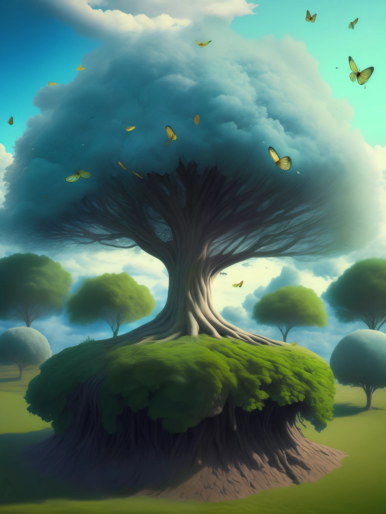 (extremely detailed CG unity 8k wallpaper, masterpiece, best quality, ultra-detailed), (better lighting, better shade, gorgeous), a majestic and imposing tree of life with many green and leafy branches, strong and deep roots that writhe and intertwine, a bright and radiant blue sky in the background, small flower detahes and white butterflies. (Tree of life)