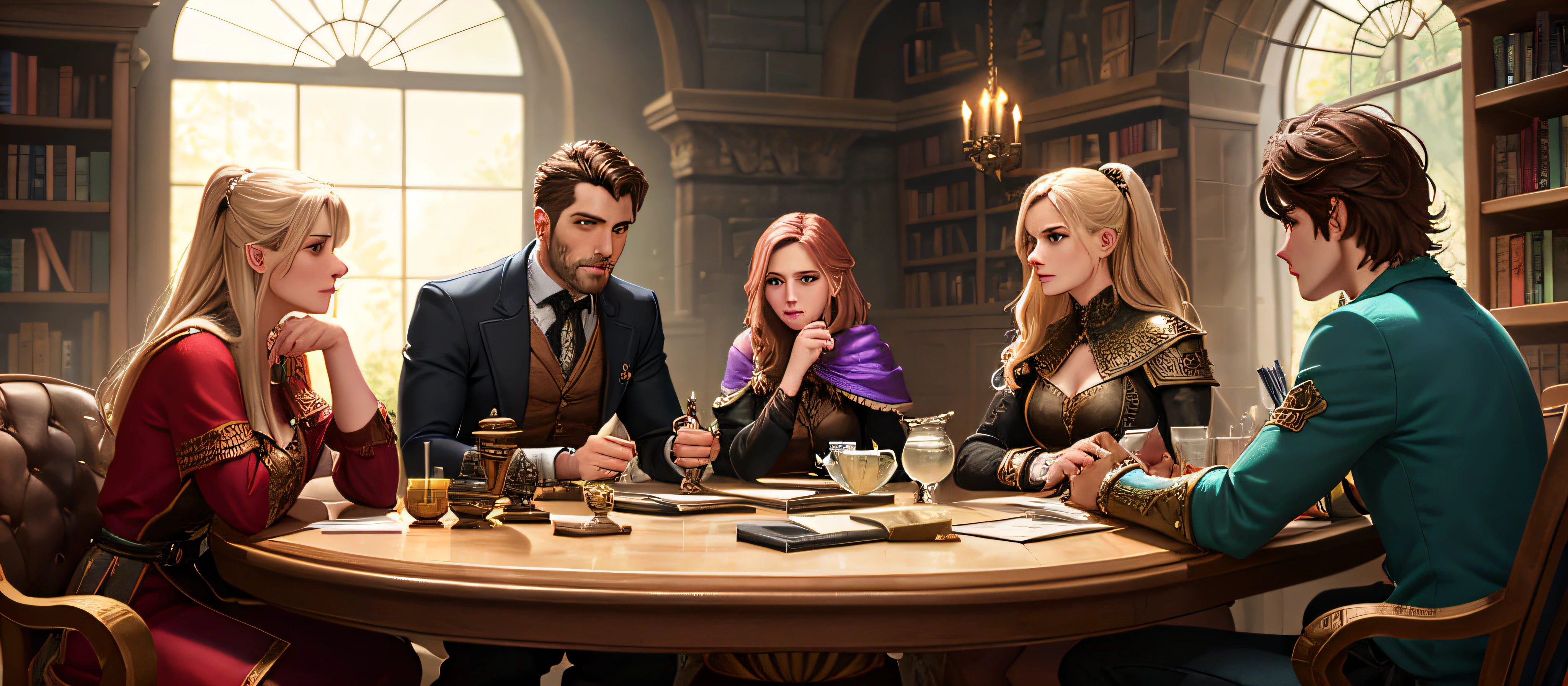 (concept art), (fantasy oil painting), subdued image that emphasizes the roleplaying aspect of the book, featuring a group of friends (male & female) (dressed in various styles of outfits) gathered around a table, engrossed in a TTRPG game. The scene could be rendered in a dreamlike, almost surreal style, with the players' imaginations coming to life in the form of fantastical creatures and landscapes. The cover could feature the players' characters in various poses, as well as the game master and any important NPCs. (on the table: dice, miniature castle, books, cups), good composition, good design, good architecture, good proportions, good anatomy, volumetric lighting, intricate, detailed, award winning, masterpiece,