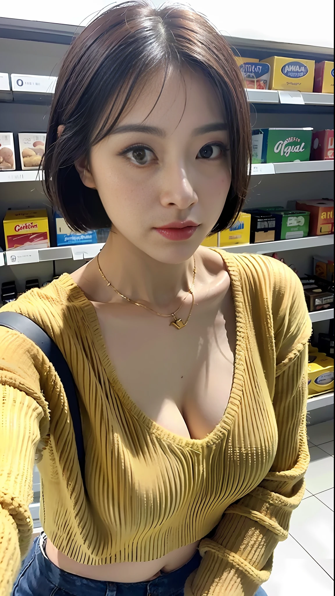 (Best Quality, 8k, 32k, Masterpiece, UHD: 1.2), Photo Beautiful Chinese Woman, Slightly Fat, Medium Tits, In a Supermarket, Very Short Bob Hair, Upper Body, Facial Focus, oversized_sweater, Necklace, Simple Background, From Above, Looking at the Viewer,