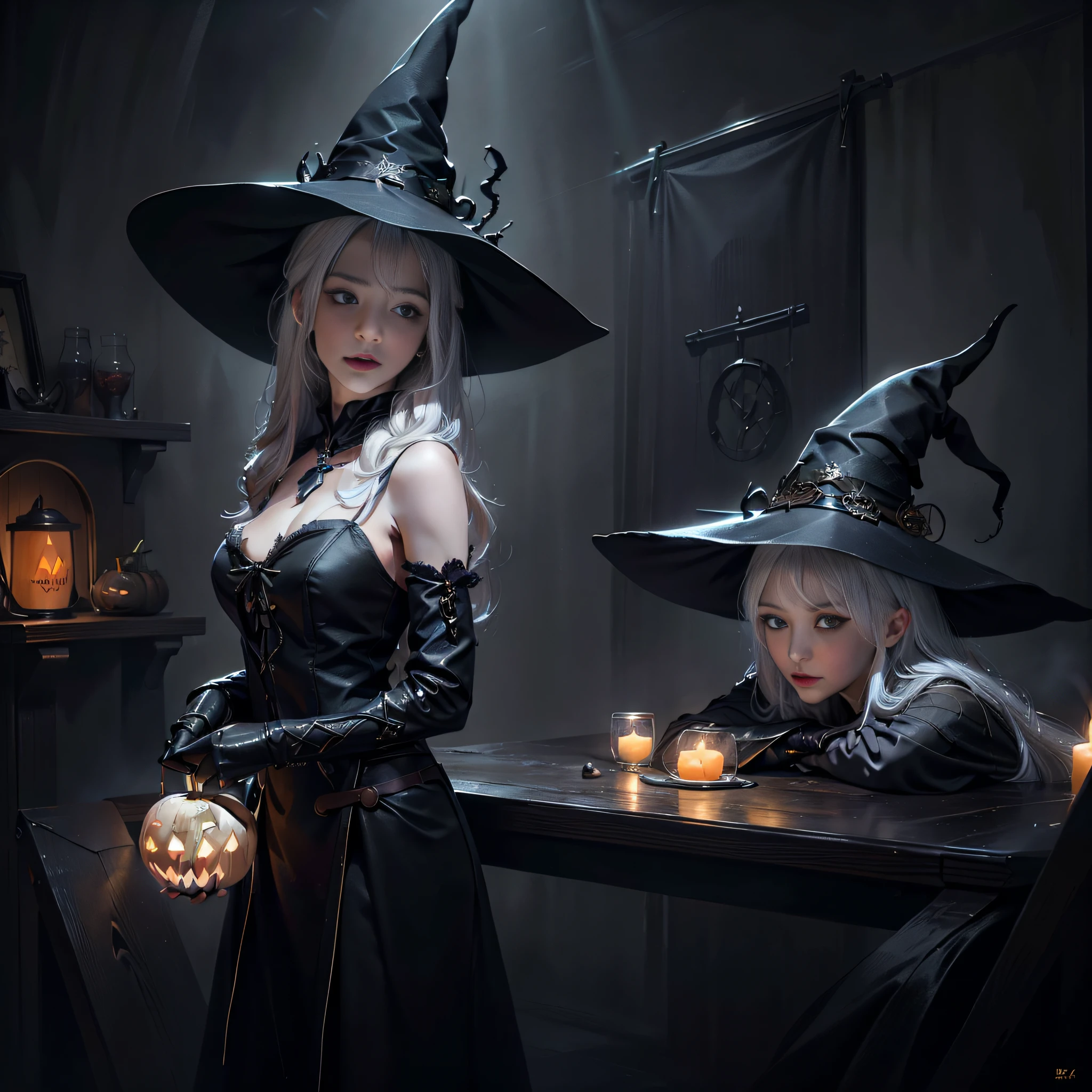 (masterpiece), (best quality), photorealism, realistic, ultra detailed, 8k resolution, (1girl), solo, beautiful girl, white hair, sexy, witch, front light, cinematic light, cold light, dark background, witch hat, indoor, mystery, fantasy, pumkin