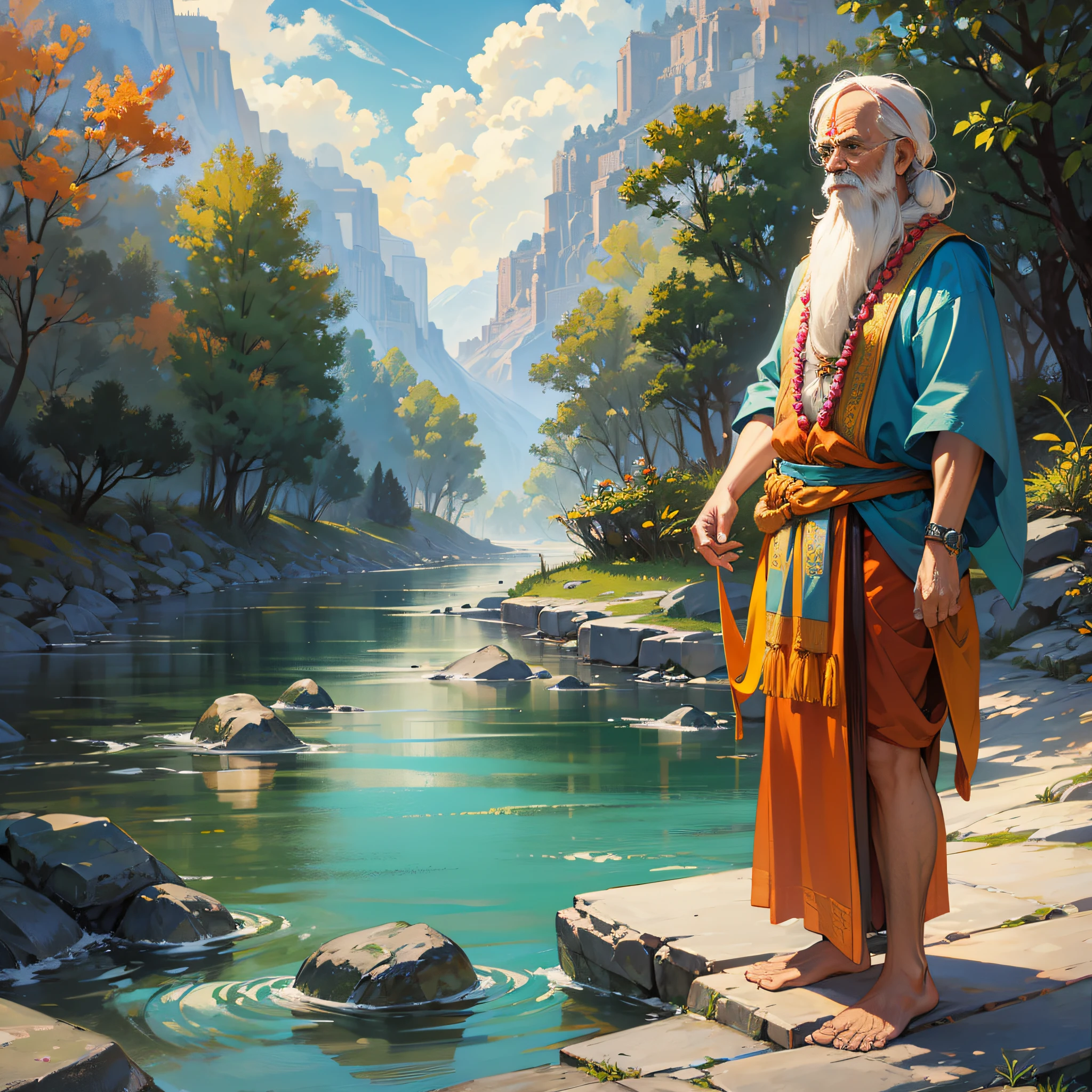hindu sanatan old man in yoga near river and temple --auto --s2