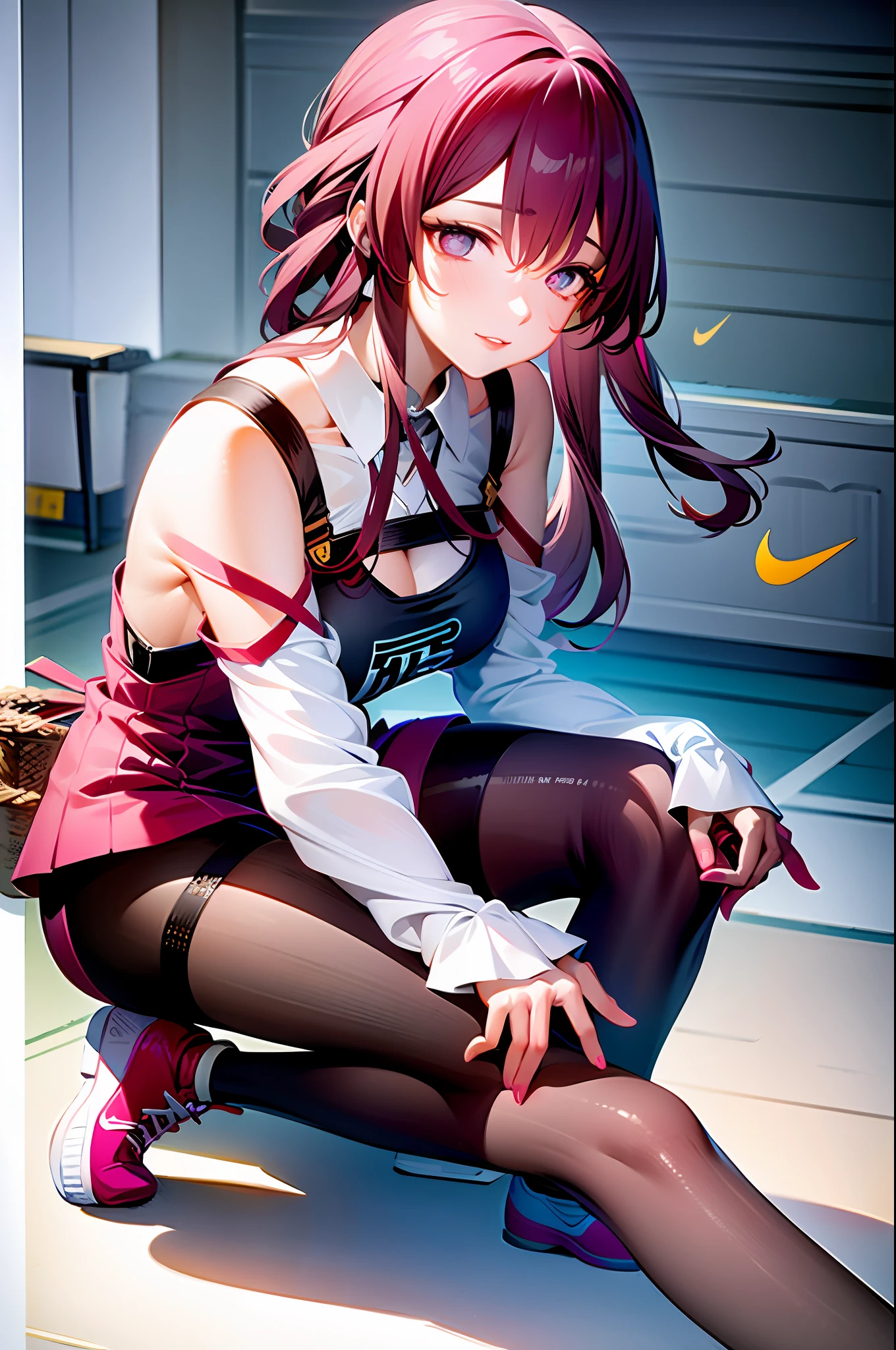 4k, realistic, very detail, 2 girl, there is a girl in the basket ball field, she is a basket ball player, sport theme, soft clothes, long hair, wearing legging, 25 years old, full body, wearing nike shoes