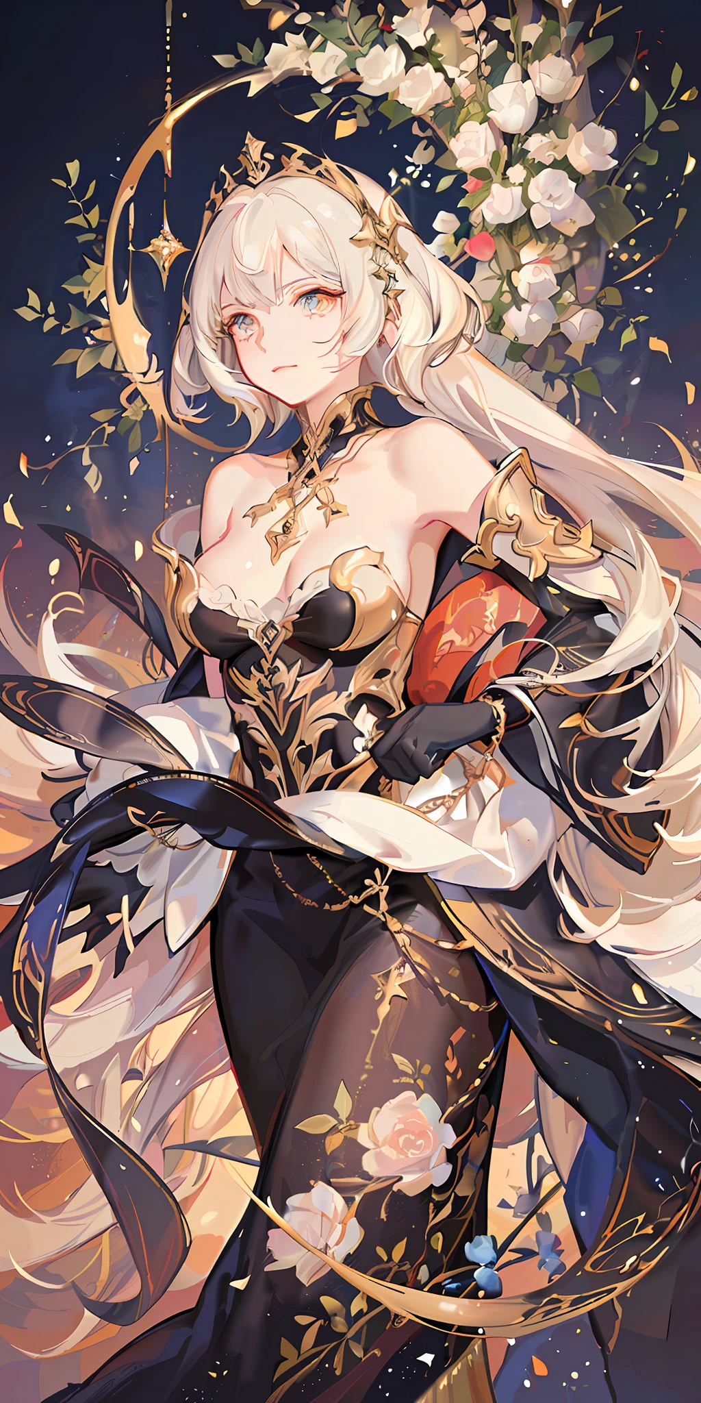 a delicate gilded (white marble statue) of a stunning woman, holding a bouquet of gilded tulips, highly detailed, sublime shapes, fluid colors, color explosion, lavish, intricate fine decorations, anime style, watercolor, perfectly structured, volumetric natural lighting, golden hour, dynamic angle and composition, natural proportions, good anatomy, depth of field, done in Ibis Paint X, 2d illustration,