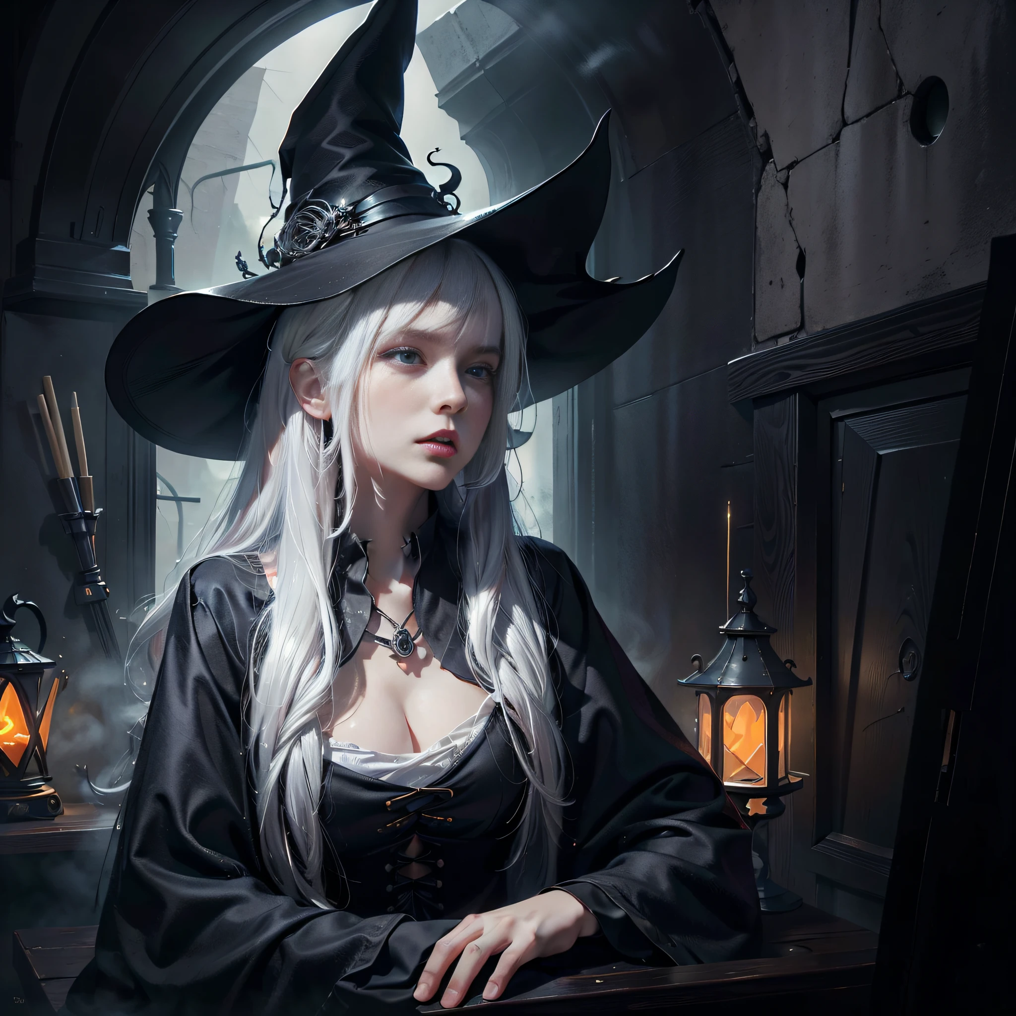 (masterpiece), (best quality), photorealism, realistic, ultra detailed, 8k resolution, (1girl), solo, beautiful girl, white hair, sexy, witch, front light, cinematic light, cold light, dark background, witch hat, indoor, mystery, fantasy, pumkin