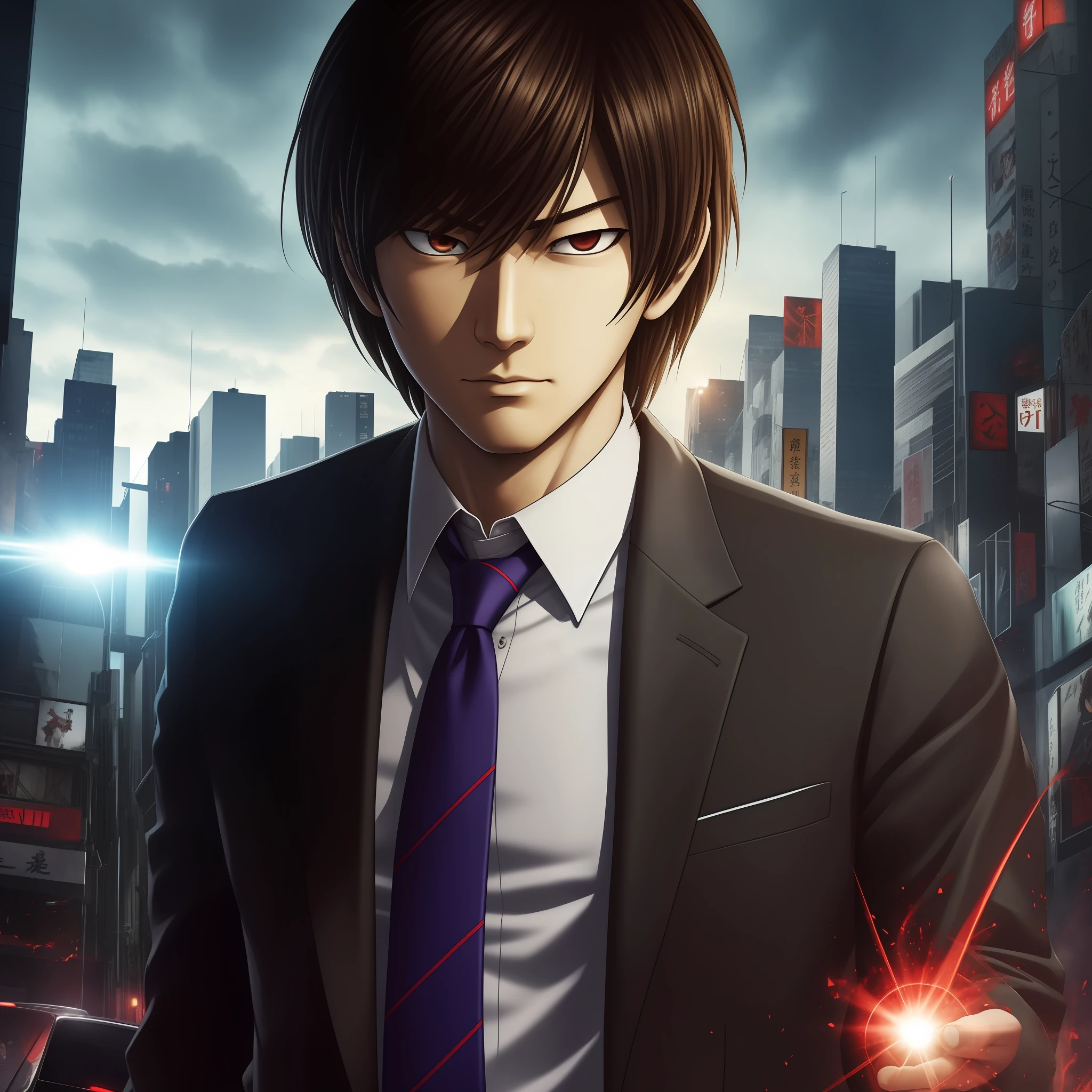 Main article: Light Yagami
Light Yagami (夜神 月, Yagami Raito) is the main protagonist of the series. After discovering the Death Note and knowing its true powers of killing people after writing a person's name and face in the mind, he decides to use it to rid the world of criminals to make the world a better place. As the series progresses, he develops a God complex as he attempts to become the ruler of the new world he creates. His killings are eventually labelled by people of Japan as the work of "Kira." But after a few days of killing criminals/hostages, "L", the best detective in the world yet an absurd guy, gets the job to find "Kira" and punish him for the murders he is committing.