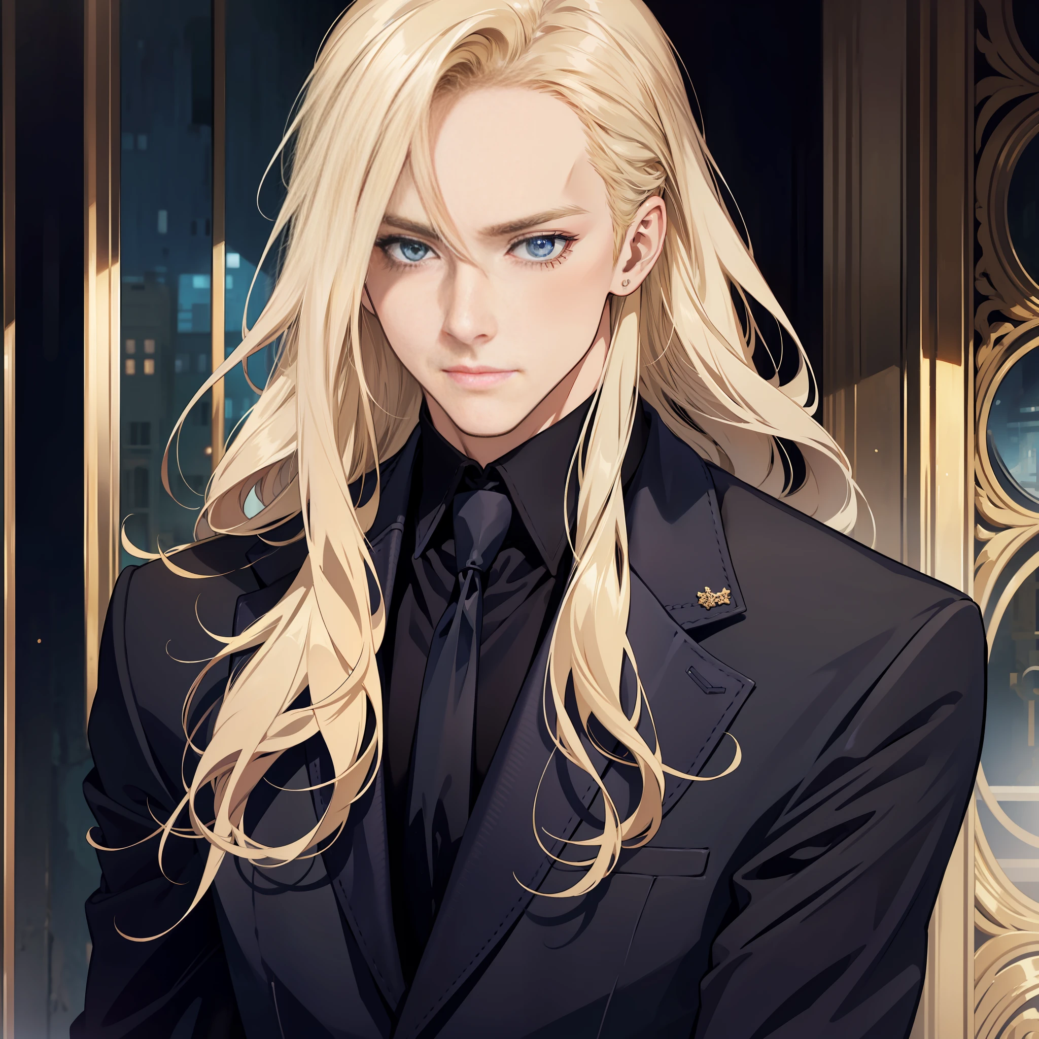 1 male, three-piece suit, jacket, upper body, looking at camera, blonde long hair, blue eyes, butler, high quality, high quality, elderly male, detailed background