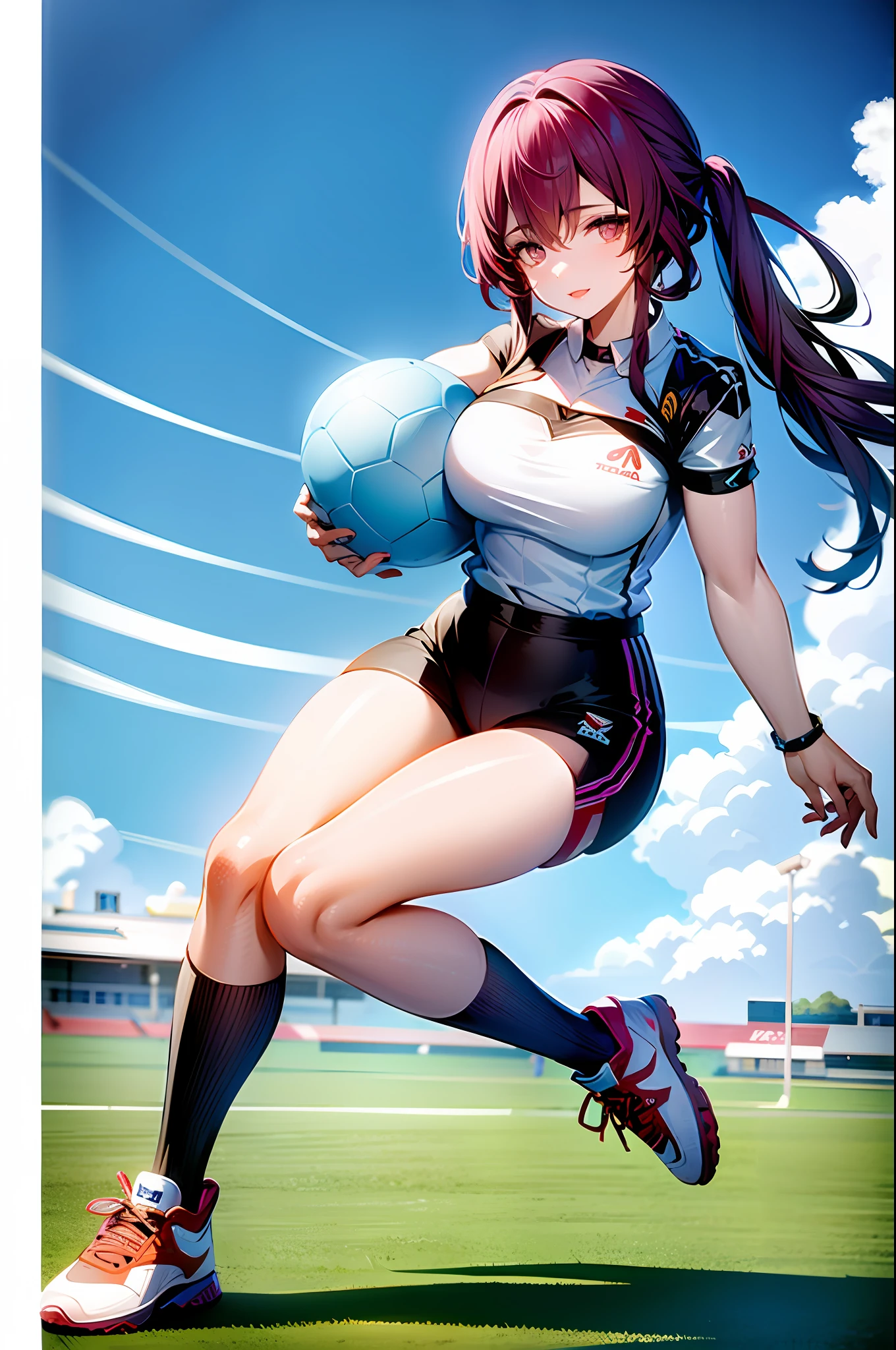 1 girl ,9sface,sportswear, full body,football, soccer field, running, football shirt