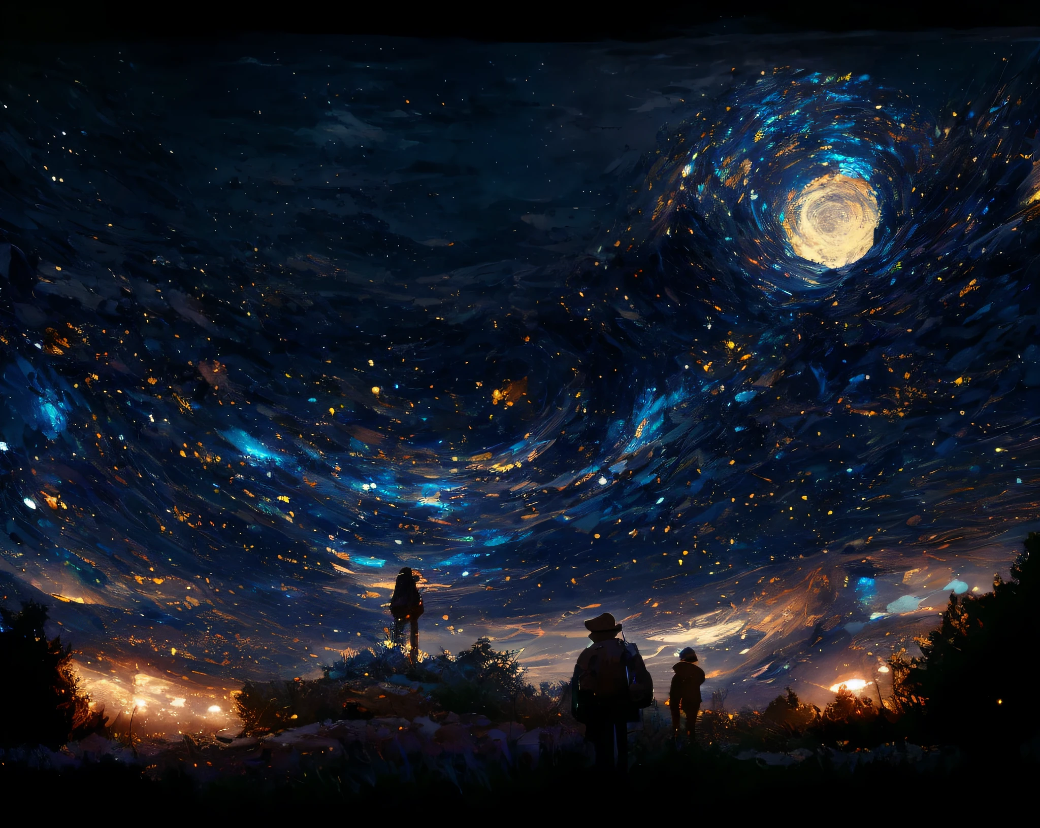 starry night sky with people walking in the distance, 4k highly detailed digital art, beautiful art uhd 4 k, amazing wallpaper, in the starry night, 4 k hd wallpaper very detailed, anton fadeev and dan mumford, 8k hd wallpaper digital art, josan gonzales and dan mumford, wide angle fantasy art, in the style dan mumford artwork