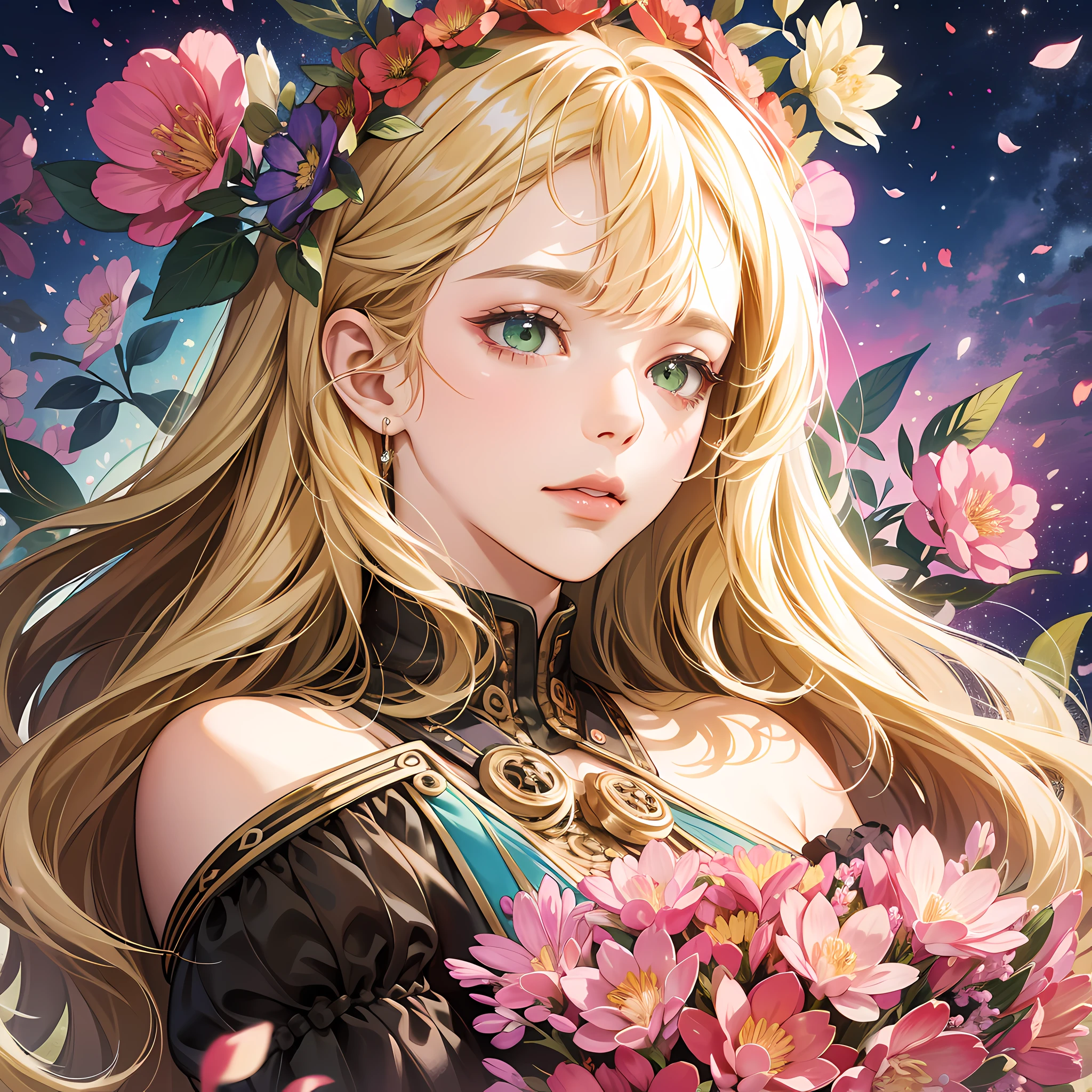(absurdres, highres, ultra detailed), 1girl, mature female, wavy blonde hair, long hair, blunt bangs, green eyes, pink dress, finely detailed eyes and detailed face, extremely detailed CG unity 8k wallpaper, intricate details, BREAK , kaleidoscopic imagery, symmetrical patterns, vibrant colors, geometric shapes, mesmerizing designs, optical illusions, dynamic composition BREAK , pantomime art, expressive body language, silent storytelling, evocative gestures, visual narratives, theatrical performances BREAK , blooming flowers, colorful petals, fragrant scents, nature's bounty, vibrant gardens, peaceful scenery