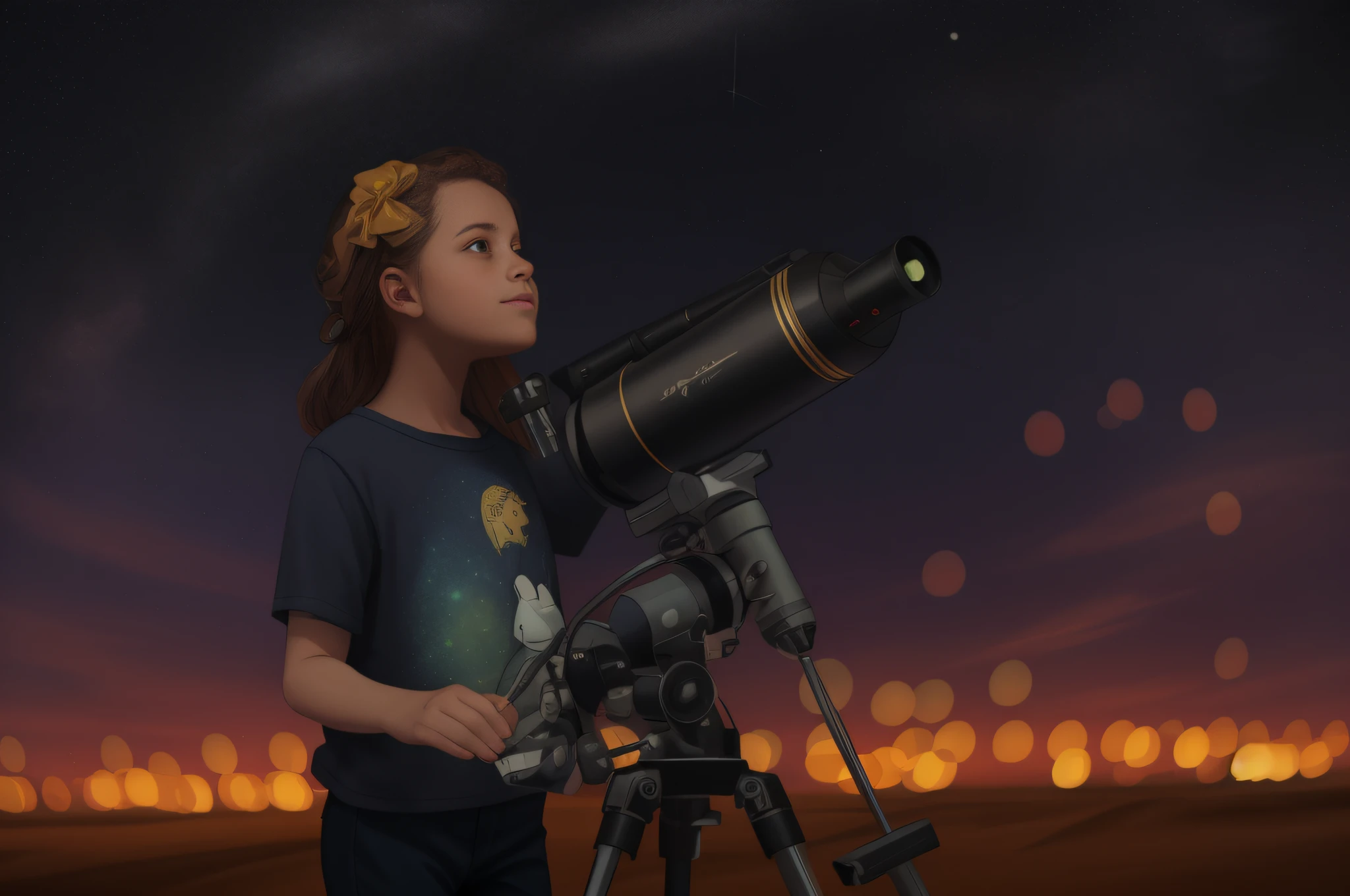 Girl astronomer looking at a telescope with starry sky, looking at the stars