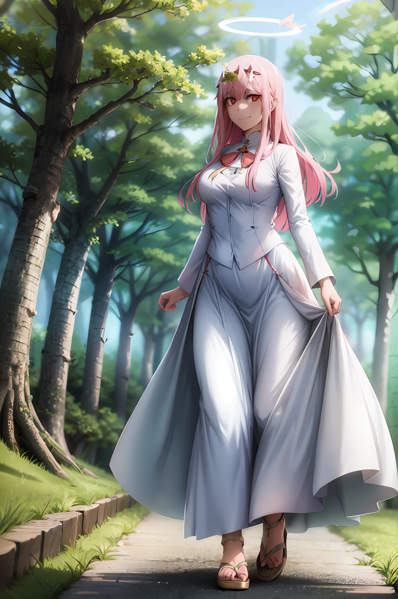long dress, oni girl, zero two, white dress, white dress, angel halo, rainbow halo, full body, portrait, medium breast, walking, forest, coat, vest, buttlern long skirt, Victorian fabrics, smile ,happy, smug