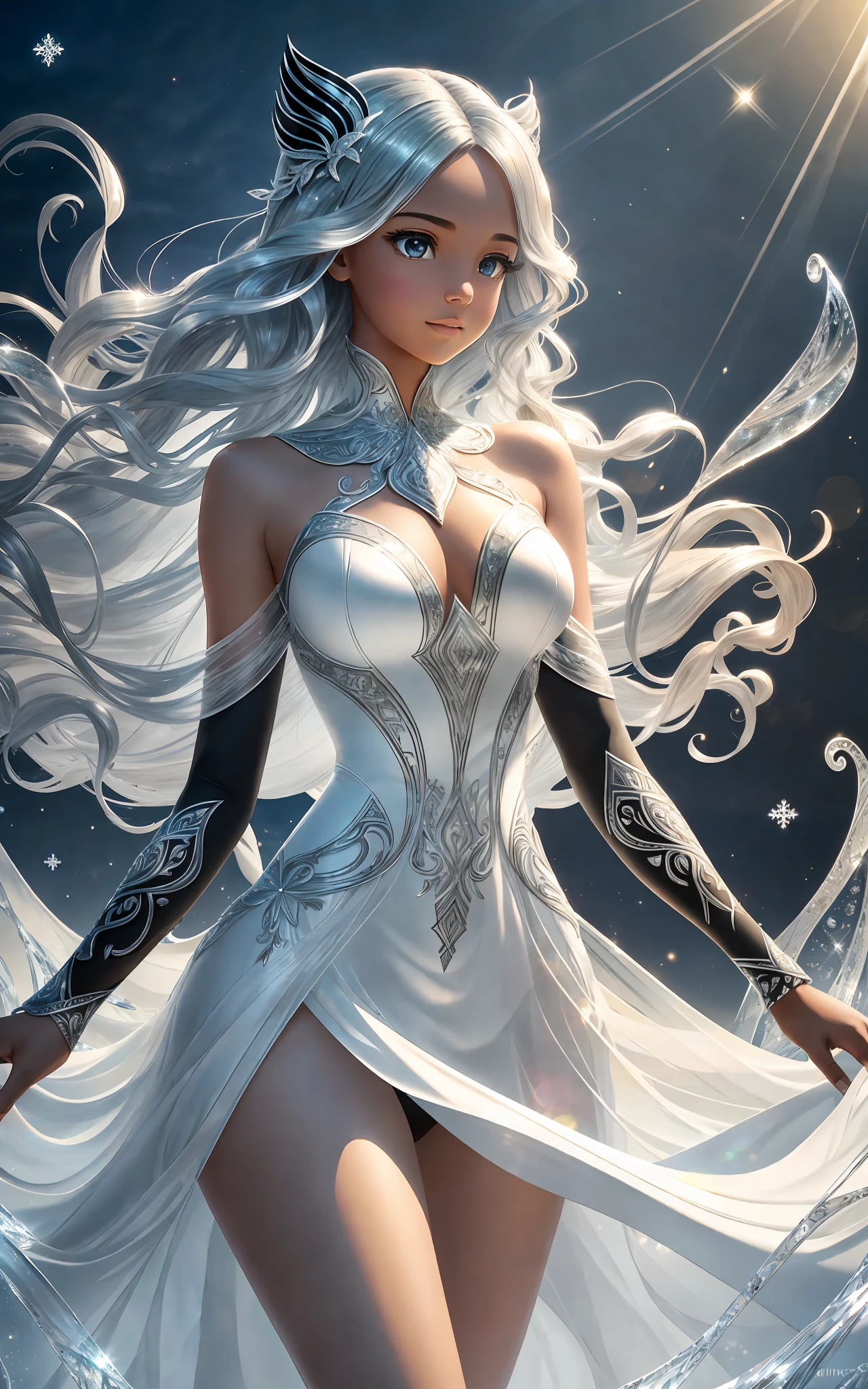 award winning k concept art of (black 1girl:1.2) in white majestic open dress standing proudly on the ice, posing, epic, god rays, centered, (masterpiece:1.2), (best quality:1.2), Amazing, highly detailed, beautiful, finely detailed, warm soft color grading, Depth of field, extremely detailed 64 fine art, stunning, iridescent, shiny, (light reflections:1.2), (crisp:1.5), silver curls, wind, vibrant, sunlit, (edge detection:1.2), absurdres, impressive, 120mm