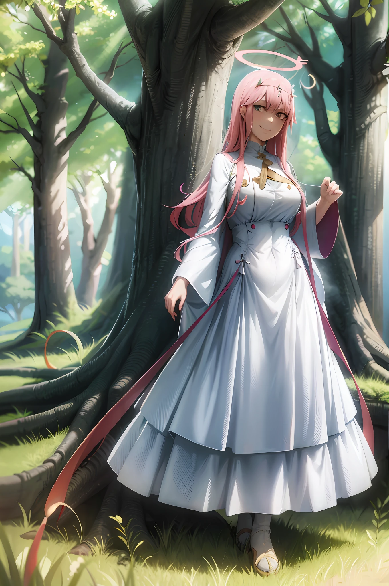 long dress, oni girl, zero two, white dress, white dress, angel halo, rainbow halo, full body, portrait, medium breast, walking, forest, coat, vest, buttlern long skirt, Victorian fabrics, smile ,happy, smug