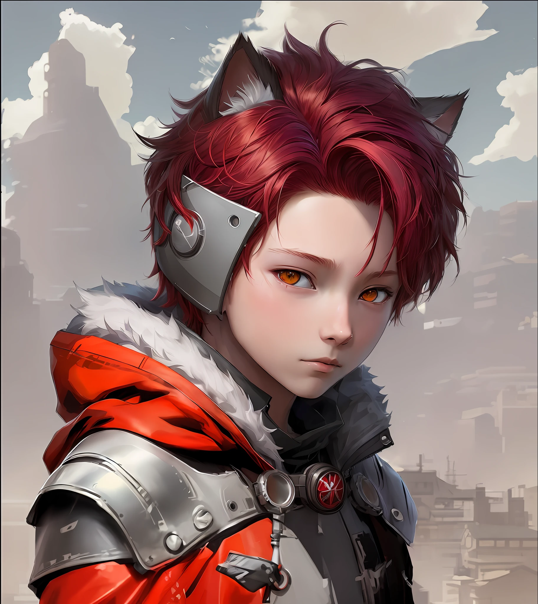 Realistic Anime - preteen child boy, style image of a child with red hair and a cat ear, cat eyes, Guweiz style art, Guweiz, G Liulian Art Style, Guweiz in ArtStation Pixiv, 2. 5 D CGI Anime Fantasy Artwork, Digital Anime Illustration, Detailed Digital Anime Art, Made with Anime Painter Studio