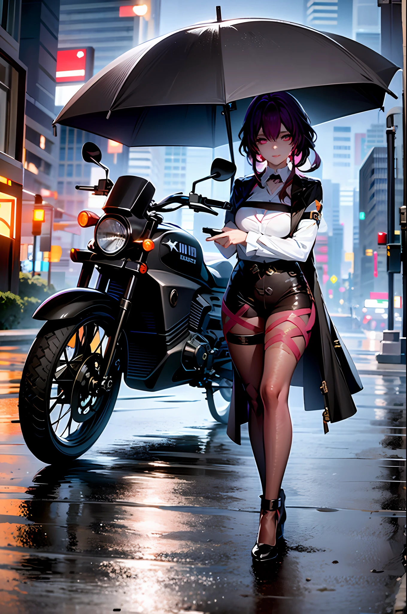 1girl, dress, jacket, rain, ground vehicle, helmet, mecha, motor vehicle, motorcycle, on motorcycle, vehicle focus, wheel, night, road, street, rain, city, puddles, 8k, ultra realistic, lens flare, atmosphere, glow, detailed, intricate, full of colour, cinematic lighting, trending on artstation, 4k, hyperrealistic, focused, extreme details, unreal engine 5, cinematic, Masterpiece, best quality