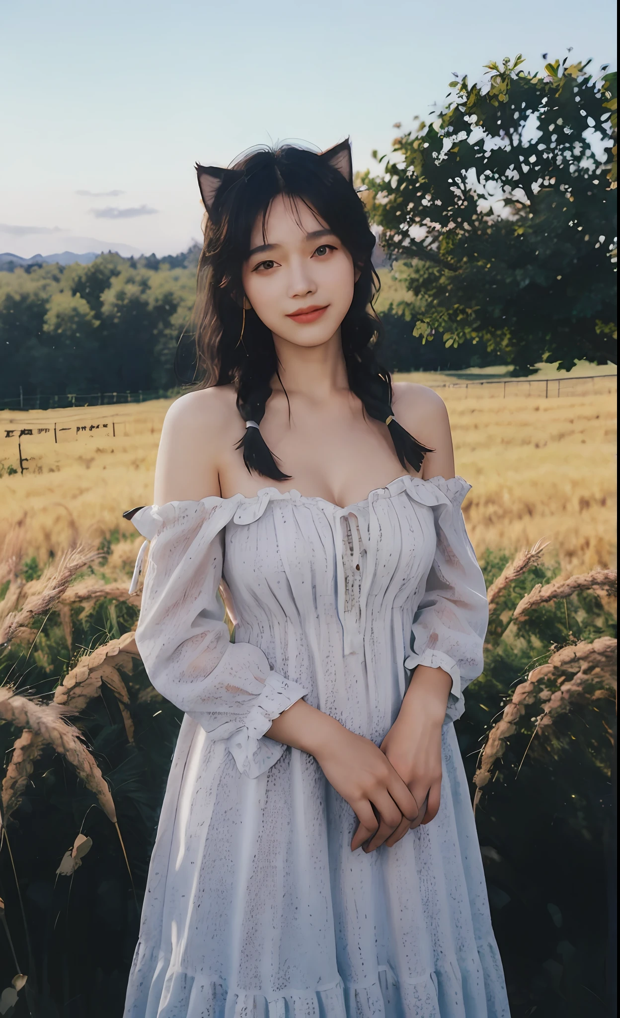 young 1girl with braided hair and fluffy cat ears, dressed in Off-Shoulder Sundress, standing in a rustic farm setting. She has a soft, gentle smile, expressive eyes and sexy cleavage. The background features a charming barn, fields of golden wheat, and a clear blue sky. The composition should be bathed in the warm, golden hour light, with a gentle depth of field and soft bokeh to accentuate the pastoral serenity. Capture the image as if it were taken on an old-school 35mm film for added charm, looking at viewer