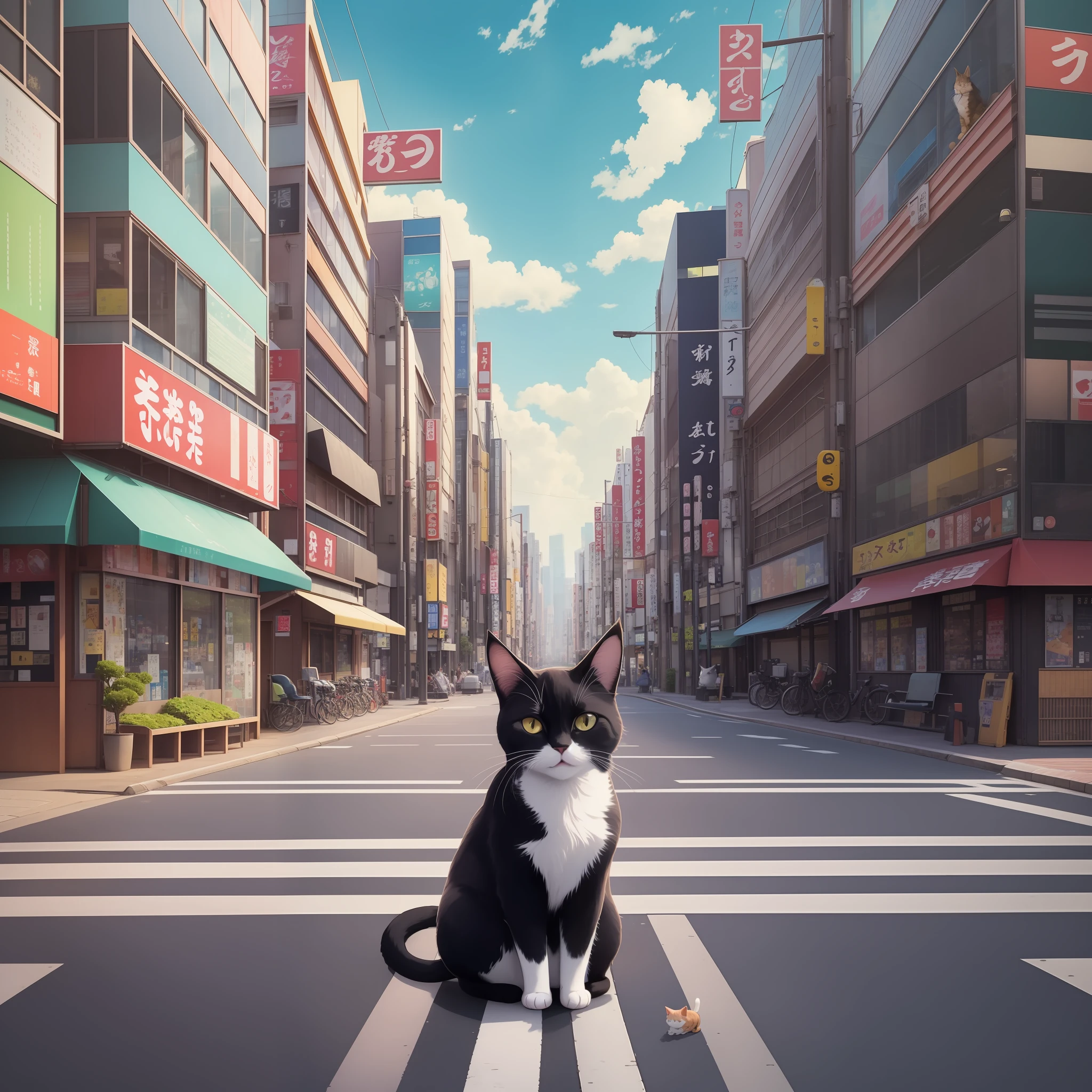 An extremely cute cat is sitting at a bus stop in Tokyo. The cat is drawn in an animation style with bright and vibrant colors. There is an air of tranquility and serenity in the scene, with the bustling city in the background. The scene is captured in high resolution and in a unique perspective. --auto --s2