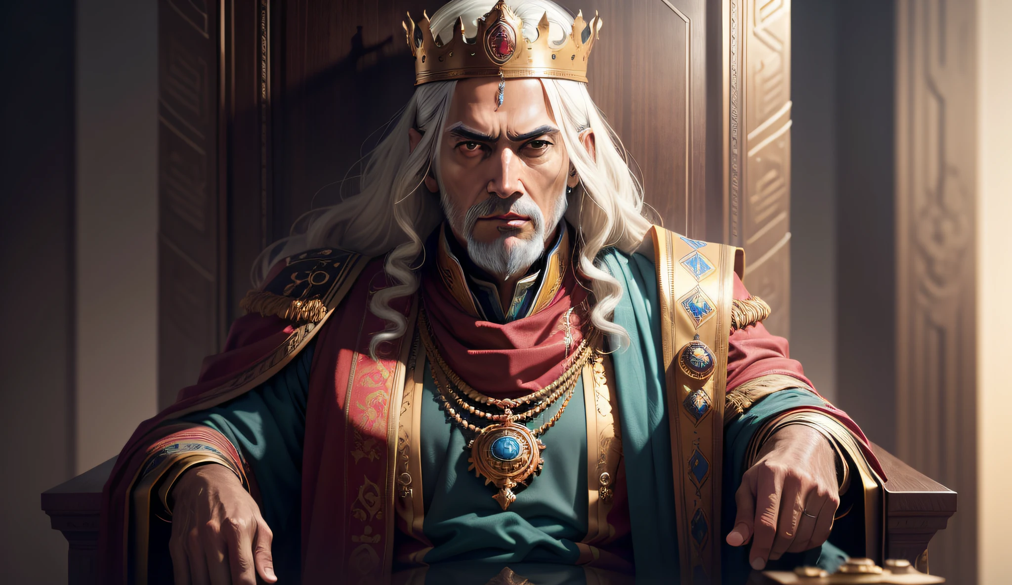masterpiece, high quality, solo focus, Himalayan king, man, high angle, focus on face, face details, realistic face, senate on a throne, head resting on arm, intimidating pose, kodak portra 400 camera f1.6 lens rich colors hyper realistic texture dramatic lighting unreal engine trend on artstation cinestill 800