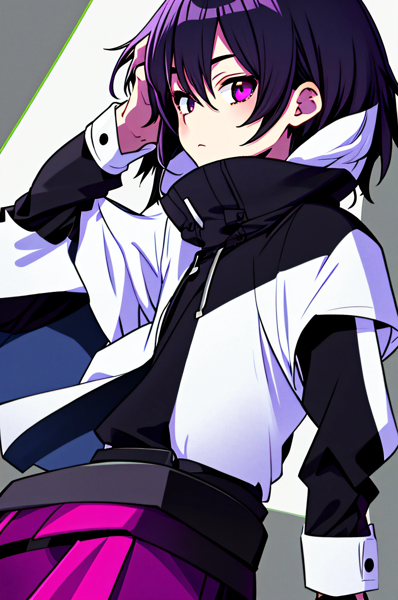 1girl, solo, Kōhei Horikoshi style, short hair, messy hair, very messy hair, purple eyes, black hair, purple shadow hair