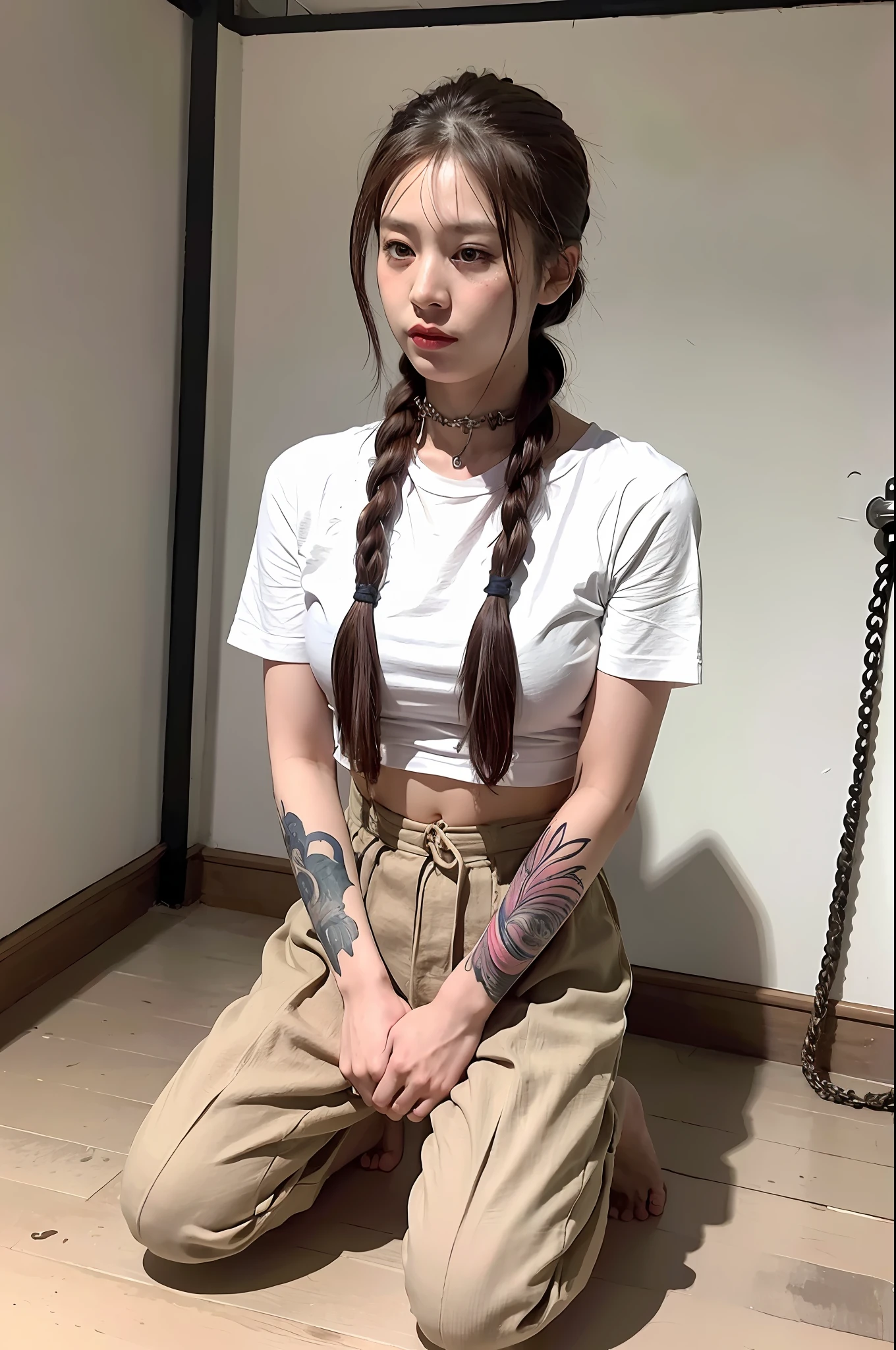 (8k:1.27), best quality, masterpiece, ultra highres:1.2), lesbian delinquent girl with dyed hair andnarm tattoos, tattooed girl, full body picture, dirty old white oversized knotted prisoner t-shirt, dirty big t-shirt, short big sleeves, beige prisoner pants tied with a rope, wearing dirty old goth clothes, long pink hair pulled back and messy bun, kneeling in a prison cell next to a noose, handcuffed, hands tied with rope behind body, submissive neck choker and checkered keffiyeh scarf in neck, 4k or 8k picture, looking at the floor down very sad, very sad face, praying, paisley bandana pirate style headscarf, smelly, barefoot, rope noose hanging from ceiling, tattooed body, noose rope hanging