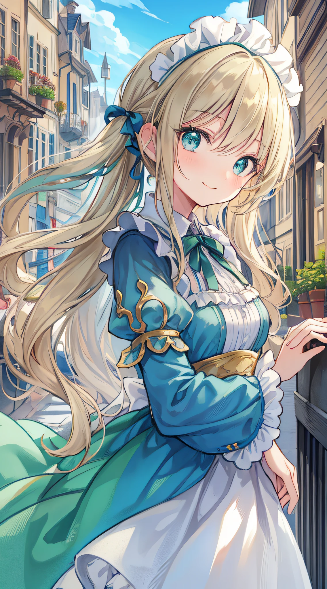 masterpiece, Europa Street, blue sky, thin blonde, long hair, long eyelashes, green eyes, green maid clothes, smile, ribbon in hair, gentle expression, headdress, twin tails, big