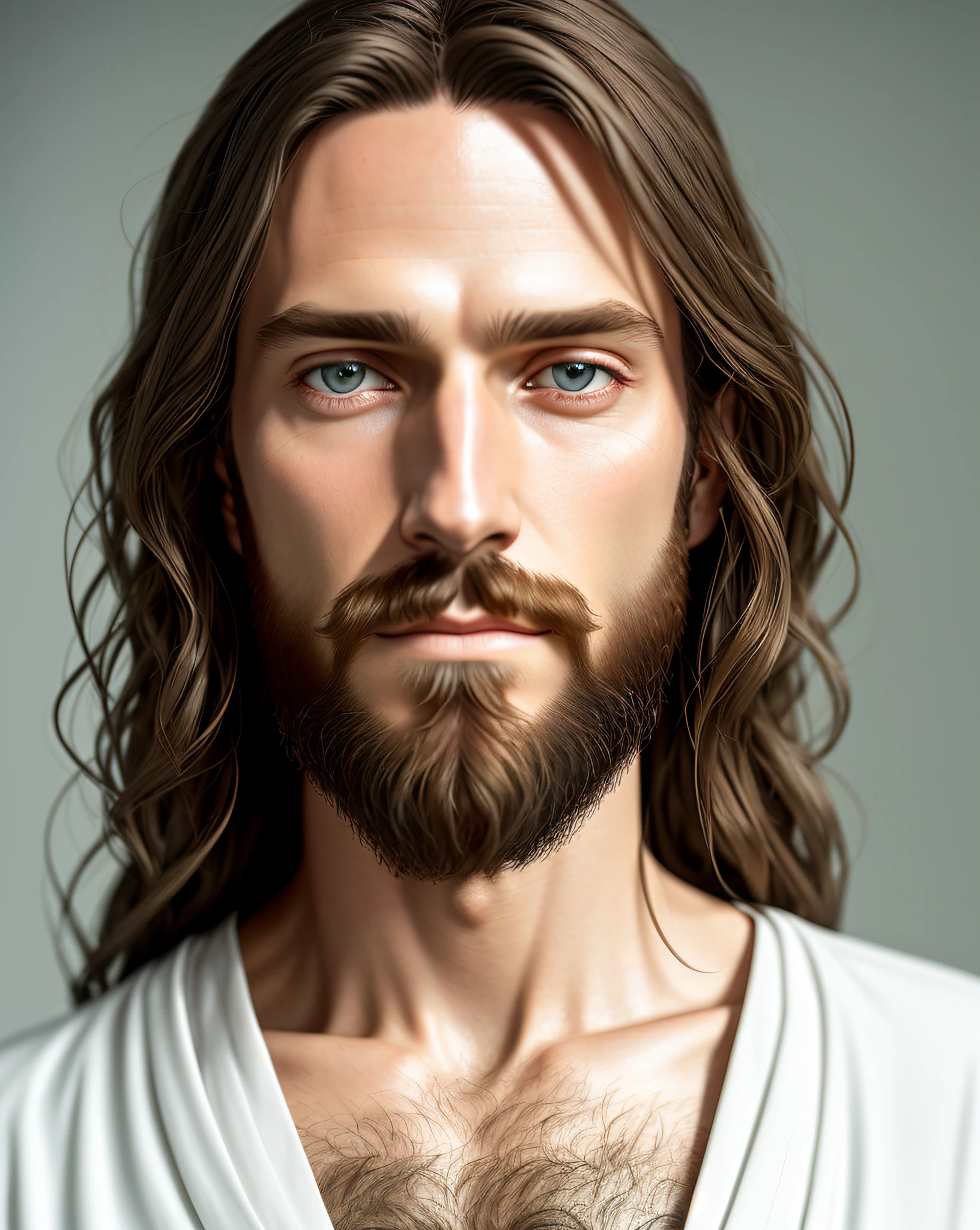 (symmetry),centered,a ((close)) up portrait,(Jesus),a very thin white man with long hair and a beard,wearing a long white robe,35mm,natural skin,clothes detail, 8k texture, 8k, insane details, intricate details, hyperdetailedhighly detailed,realistic,soft cinematic light,HDR,sharp focus, ((((cinematic look)))),intricate, elegant, highly detailed