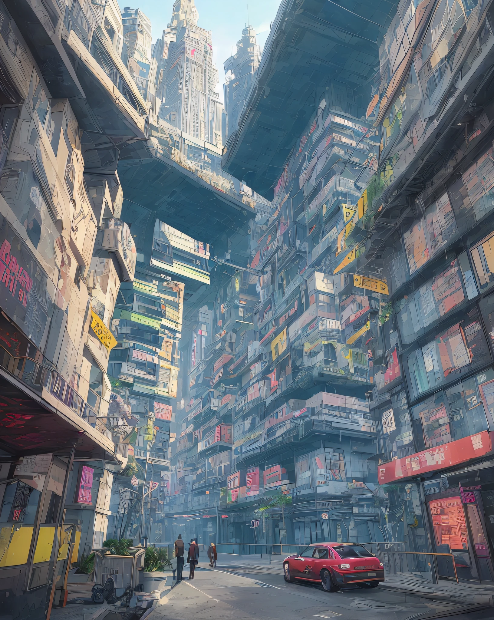 A futuristic cityscape with elements of sci-fi and Wes Anderson's signature style. The image has a 16:9 aspect ratio and is captured in a symmetrical, high-saturation design style.
The city is rendered in a bright, bold color palette, with pops of neon pink and vivid blue contrasting against a deep, rich black background. The buildings are tall and sleek, with clean lines and sharp angles that echo the futuristic aesthetic of sci-fi films.
The city is bustling with activity, with futuristic cars soaring through the sky and robots moving about their tasks, while citizens navigate the busy sidewalks below. The scene is full of life and energy, with the futuristic architecture creating an almost surreal, dreamlike atmosphere.
Wes Anderson's signature style is evident in the symmetrical composition and carefully balanced design of the image. Every element is perfectly placed to create a sense of harmony and unity, while at the same time, the futuristic elements of the scene create an atmosphere of excitement and possibility.
The image is a striking representation of a possible future world that combines the imaginative elements of sci-fi with the eclectic, offbeat style of Wes Anderson, producing a symmetrical, colorful, and exciting scene that is both awe-inspiring and inspiring.