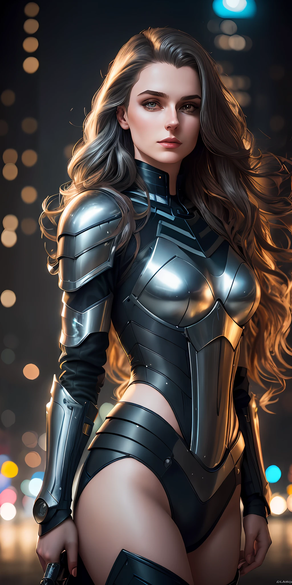 a close up of a woman in a leather suit posing for a picture, girl in knight armor, beautiful female knight, girl in mecha cyber armor, stunning armor, beautiful armor, wearing futuristic armor, of a beautiful female knight, with sleek silver armor, armor girl, skintight silver armor, wearing sleek armor, wearing witchblade armor, wearing sci-fi armor
