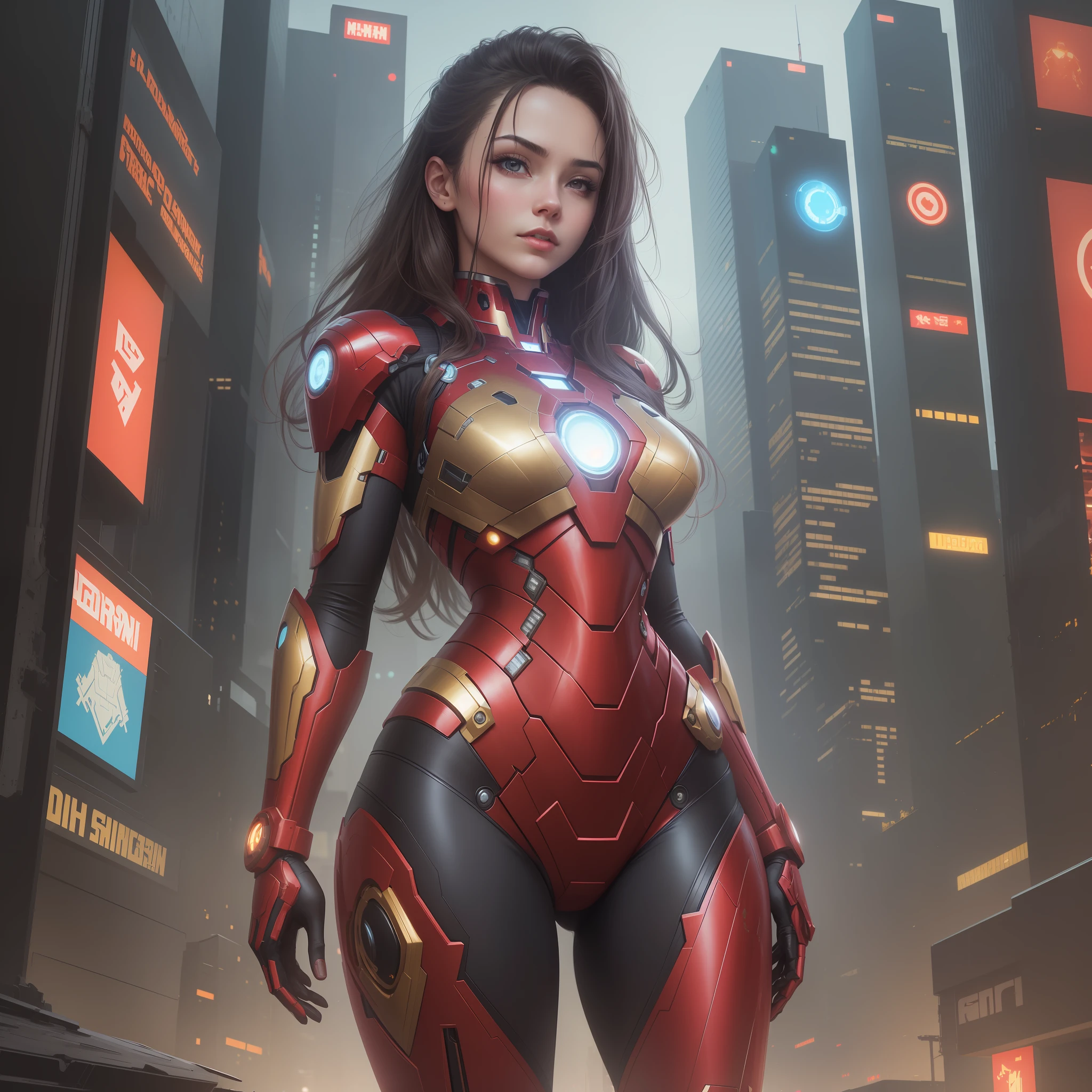 8k, realistic, attractive, highly detailed, a 20 year old girl a sexy and attractive woman inspired by Iron Man wearing a shiny Iron Man mech. She dresses with sexiness and confidence, perfectly interpreting Iron Man&#39;s strength and charisma. In a cyberpunk-style city night scene, a sexy and attractive woman takes Iron Man&#39;s cosplay as the theme. Wearing a shiny Iron Man mech, she stands on a street lined with tall buildings. The night lights of the city are bright, reflecting on her mecha, adding a sense of future technology. The surrounding buildings and streets are full of cyberpunk elements, such as neon lights, high-tech devices and futuristic architectural designs. The whole scene is full of futuristic and sci-fi atmosphere. This high-definition, high-quality picture will bring you stunning visual enjoyment, a perfect combination of sexy, futuristic and sci-fi elements. oc rendering, dramatic lighting, award winning quality --auto --s2