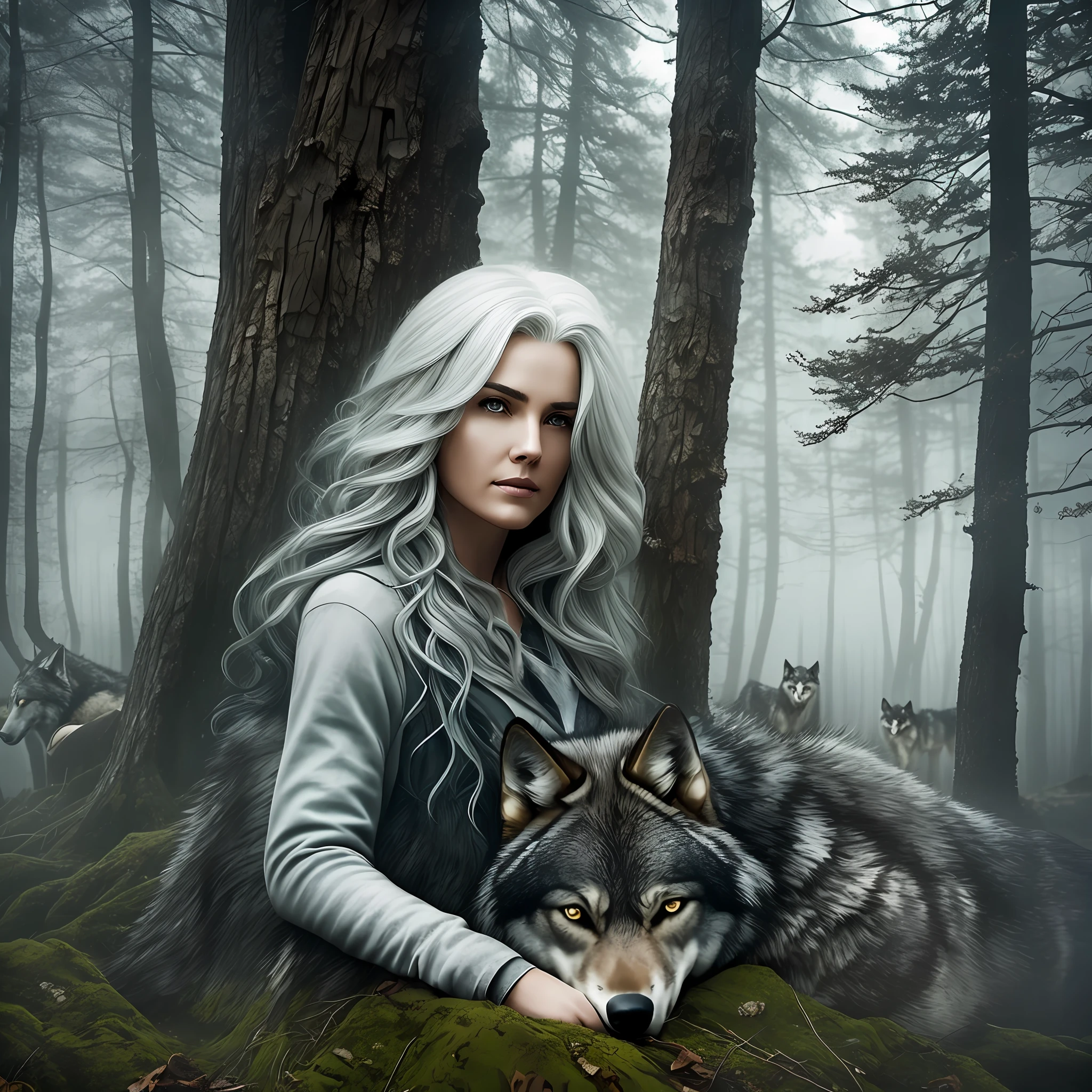 Rustic trees with wolves and a woman among them with white hair curled up with grayish sky and lots of fog super realistic image that conveys fear the dark night very realistic dark image image with a lot of detail and realistic --auto