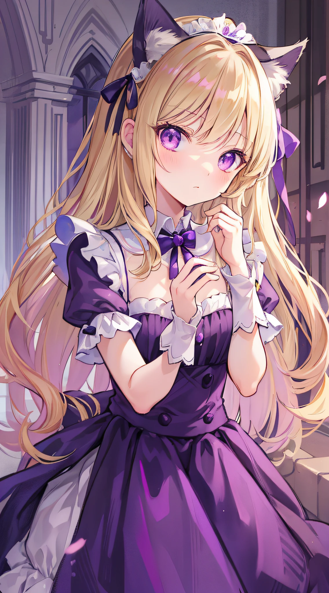 Masterpiece, hall, fine blonde, long hair, long eyelashes, purple eyes, purple maid dress, cute, hair ribbon, pitiful expression, tiara, double tail, cat ears