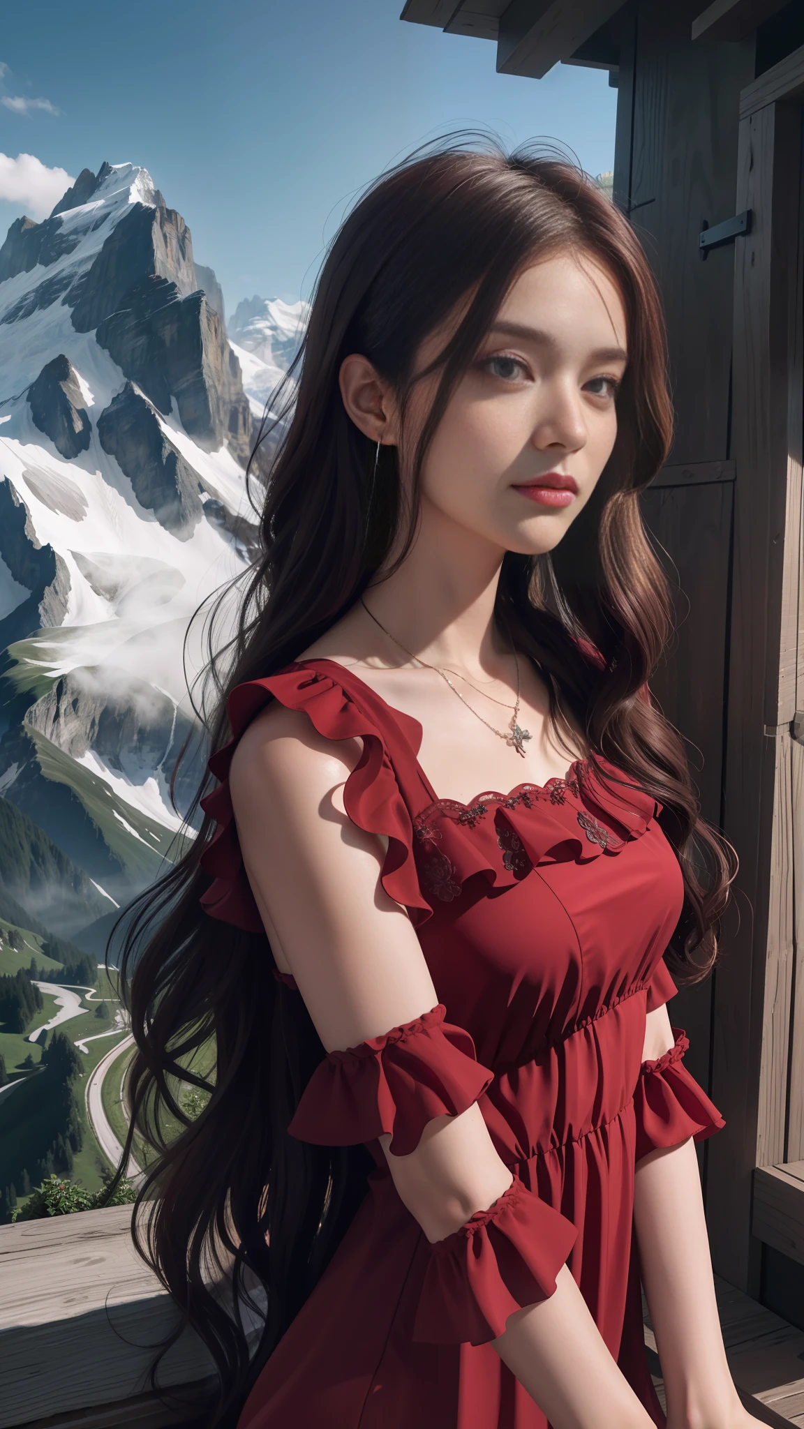 masterpiece,ultra realistic,32k,extremely detailed CG unity 8k wallpaper, best quality,
The Swiss Alps, Switzerland, ( Dark red A-line dress ) ,((spring day )), Beachy waves with a side part ,eardrop,lady ,necklace,