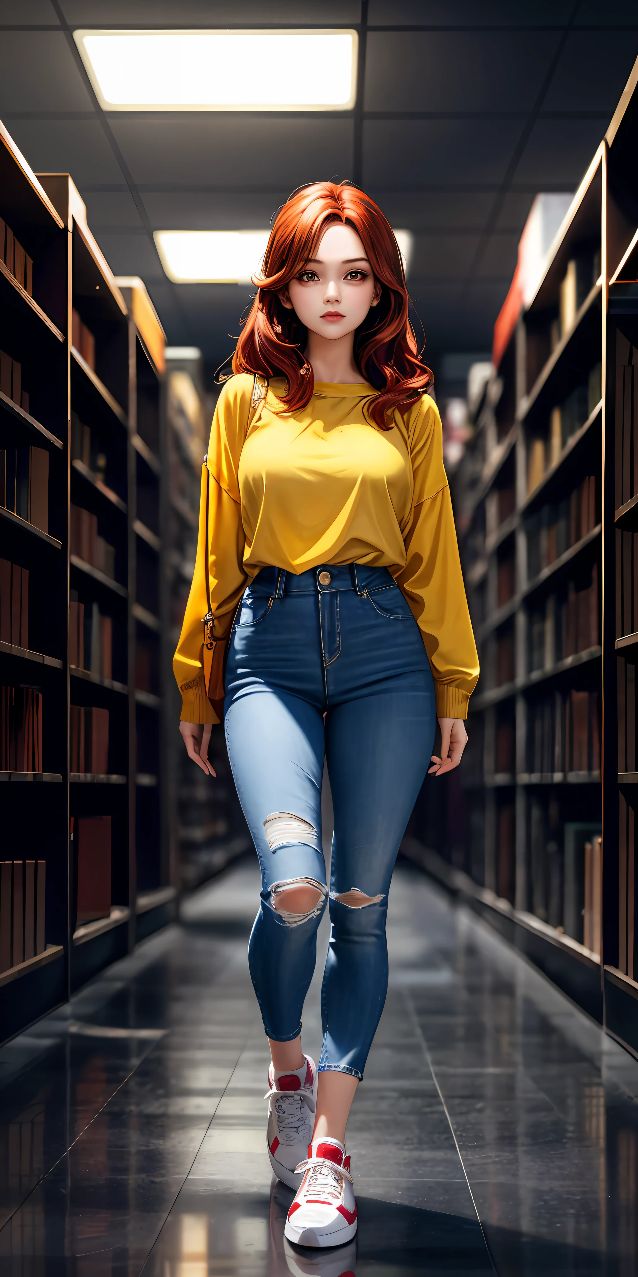 1girl, brown eyes, full body, library as a background, medium red hair, big boobs, white skin, yellow shirt, jeans, Sneakers long eyelashes, eyeshadow,  small face, big eyes