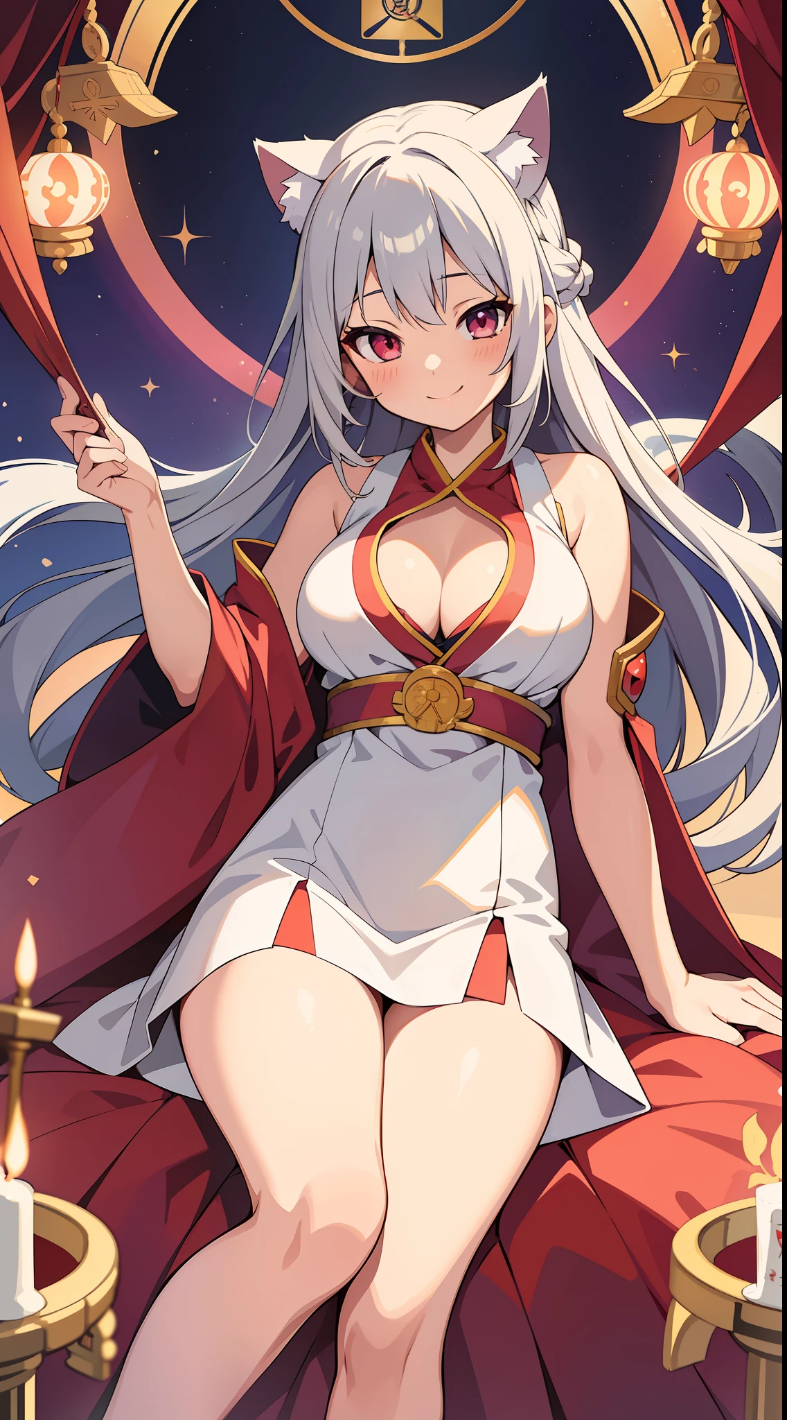 (Masterpiece), (Highest Definition Anime Illustration), (Super Definition), One Girl, Solo, Beautiful Girl with Silver Hair, Anime Loli, Cat Ear Loli, Priestess Loli, Priestess Red and White Hakama, Sleeveless, Smile, Cleavage Emphasis, Side Boob, Thighs, Tarot Card Style, Sakura