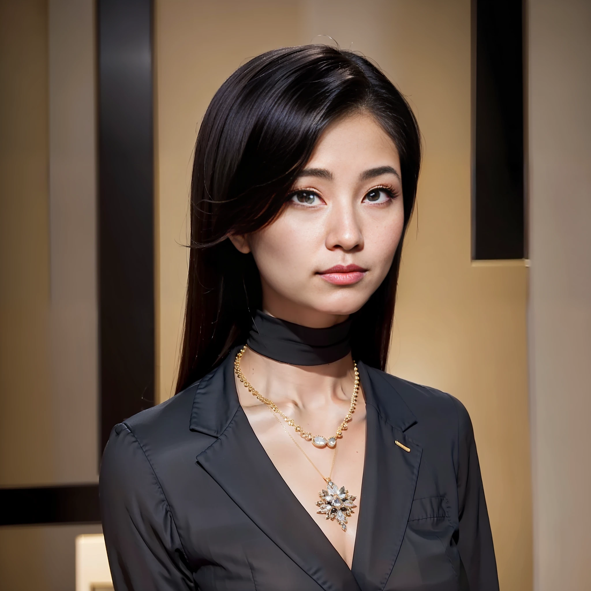 (Best Quality, 8k, 32k, Masterpiece, UHD: 1.2), Photo of a Beautiful Chinese Woman, A Woman: 1.5, (Detailed Face: 1.1), Simple Black Suit, Looking at the Viewer, Full Body Photo: 1.3, Necklace, Dress Shirt, Smile, Lower Body Long Skirt, Slim Figure, Long Legs, High Heels: 1.4, Tall: 1.6