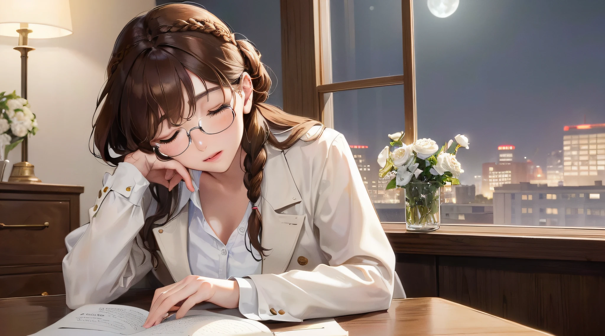 (maximum resolution, distinct_image) Best quality, ((((1 woman))), five fingers, masterpiece, bangs, face down on the desk, eyes closed, glasses, very detailed, semi-realistic, braid hair, brown hair, 21 years old, mature, young, white Y-shirt, tailored jacket, indoors at night, delicate facial features, facial features, moon in the distance outside the window