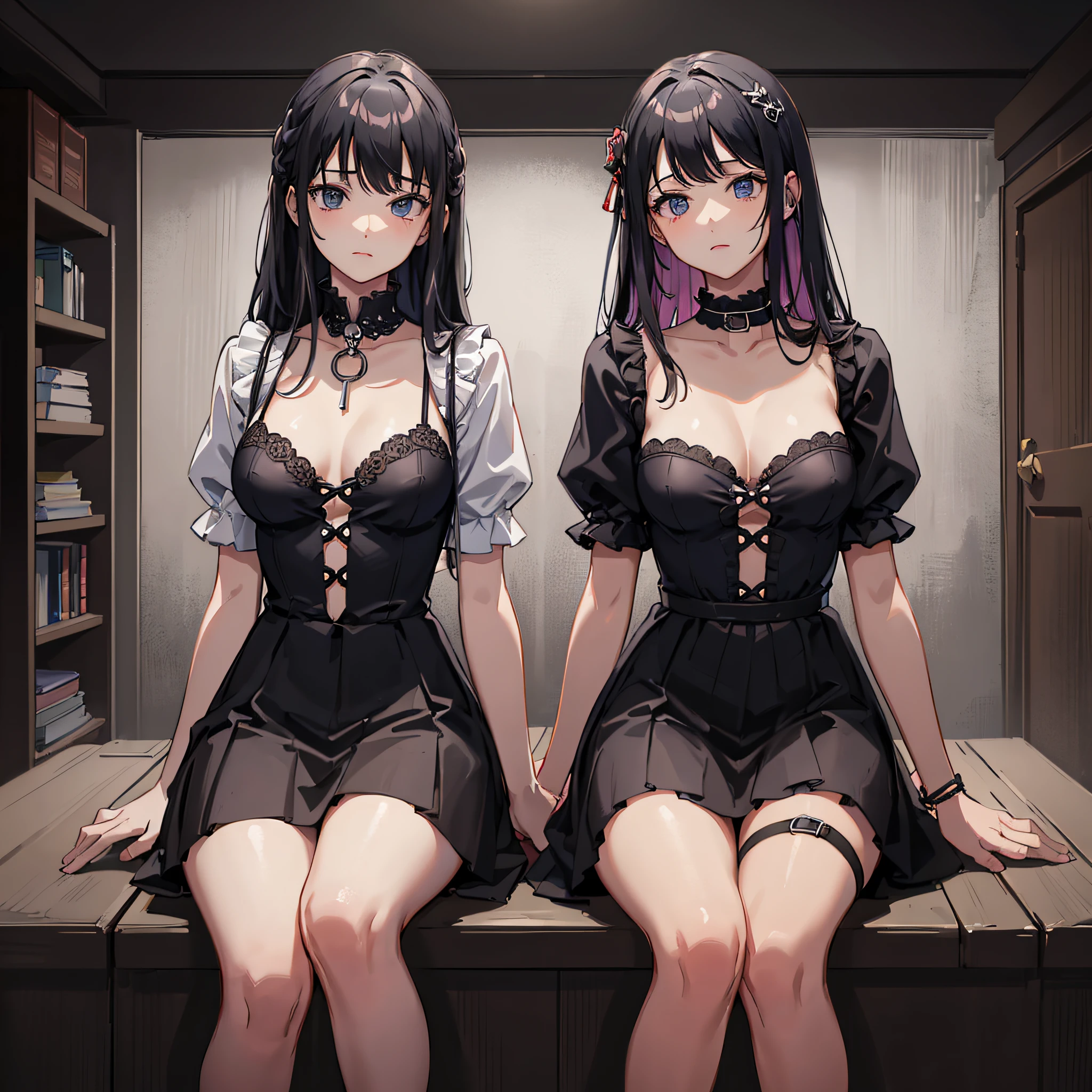 masterpiece, ultra high resolution, basement, dark background, 2 girls, collar, slaves, waiting for punishment, tied hands