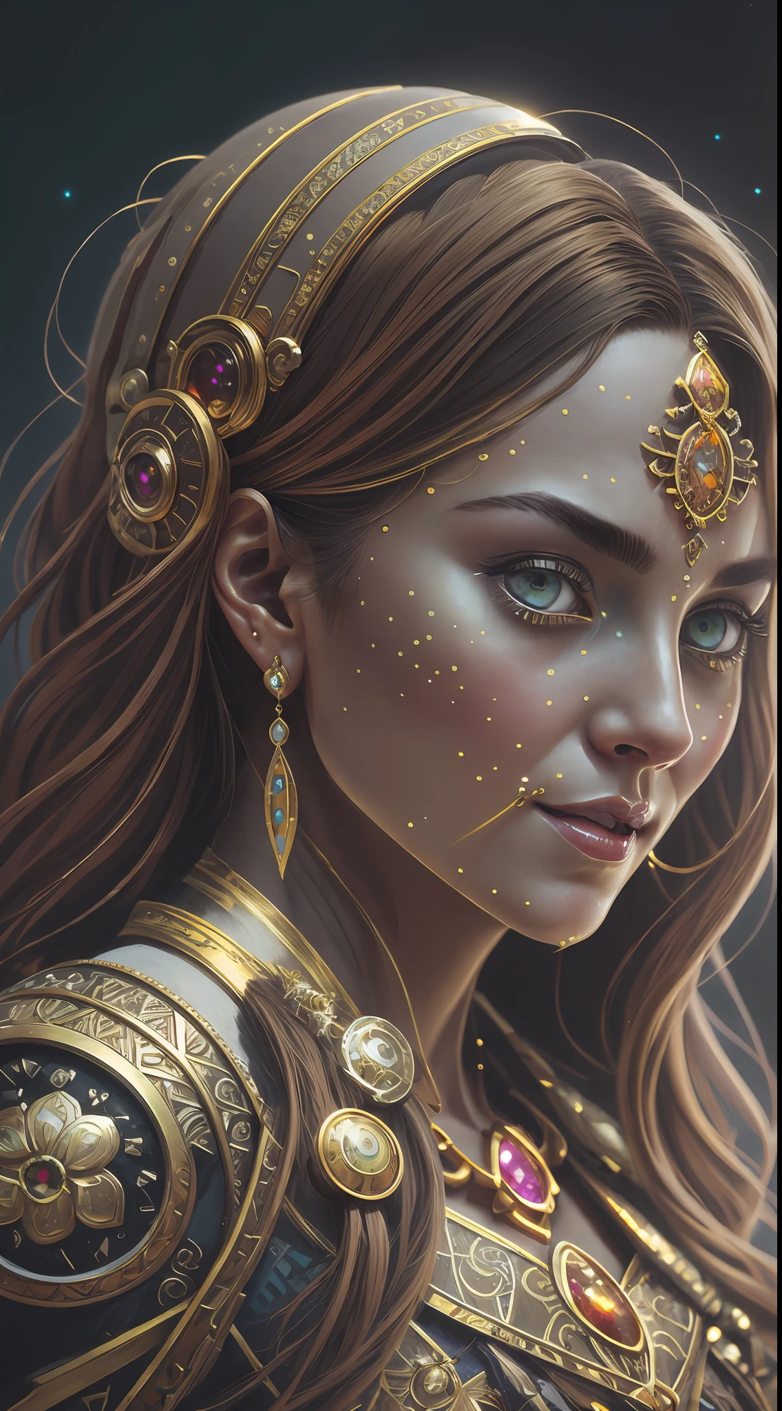 Mercy overwatch, Beautiful portrait of a gorgeous Princess, beautiful princess, round shaped face, round button nose, glowing glass skin, sparkling hazel green eyes, highlighted chestnut brown long straight hair, adorned in intricate golden jewelry, confident half smile, face painting, dramatic lighting, intricate, wild, exotic beauty, highly detailed, digital painting, artstation, concept art, smooth, sharp focus, illustration, art by artgerm and greg rutkowski and alphonse mucha, footage from space camera
