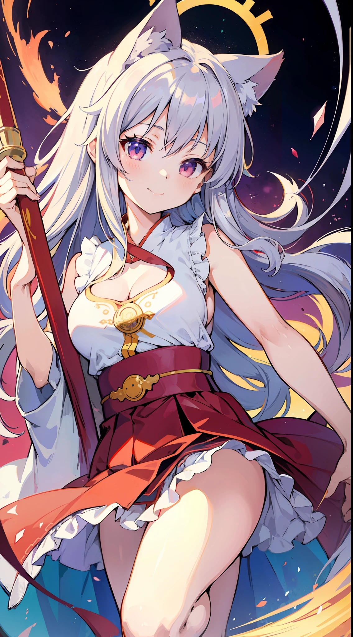 (Masterpiece), (Highest Definition Anime Illustration), (Super Definition), One Girl, Solo, Beautiful Girl with Silver Hair, Anime Loli, Cat Ear Loli, Priestess Loli, Priestess Red and White Hakama, Sleeveless, Smile, Cleavage Emphasis, Side Boob, Thighs, Tarot Card Style, Sakura