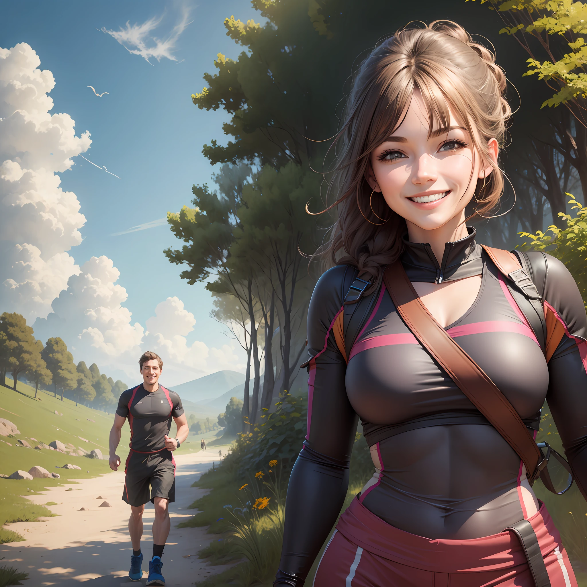 Smiling man and woman, realistic landscape, physical exercises. --auto --s2