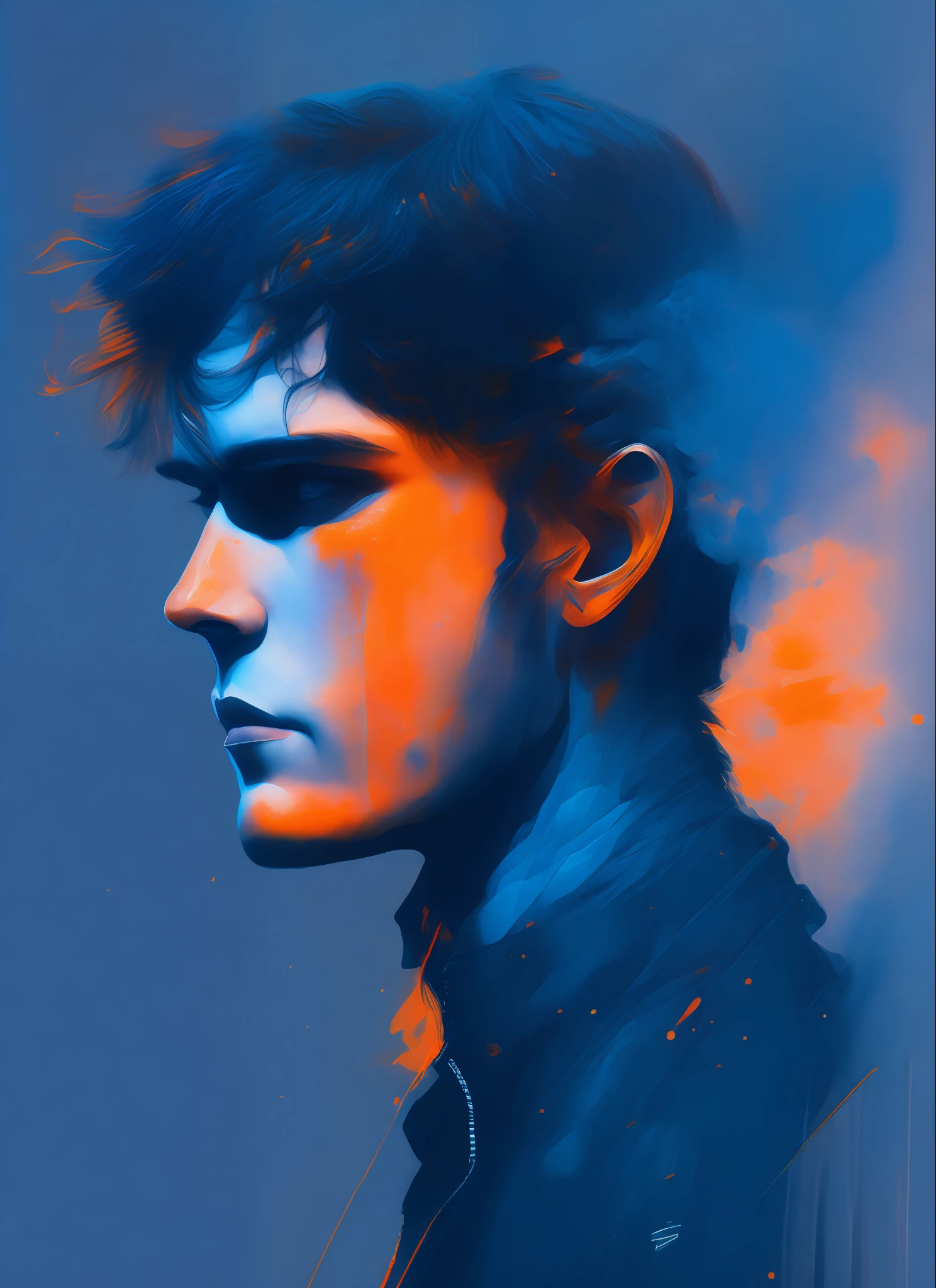 A man by Agnes Cecile, by Jacob Elordi, luminous design, petroleum blue and neon orange colors, paint drips, synthwave lights